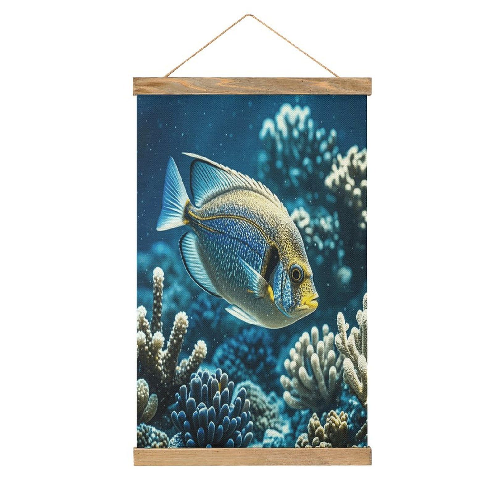 VstaDank Ocean Fish Hanging Poster with Wooden Frame Modern Linen Hanging Painting Retro Style Wall Decor Art Painting for Living Room,Bedroom Decor Poster Frame 20.4x13.1inch