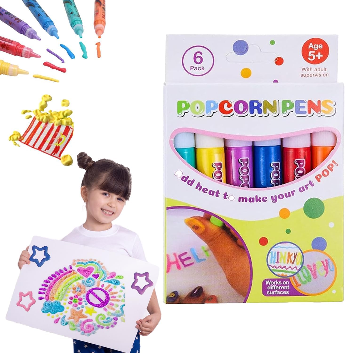 Magic Popcorn Pens, 6 Colours Puffy 3D Bubble Painting Pens (A-1Pack)