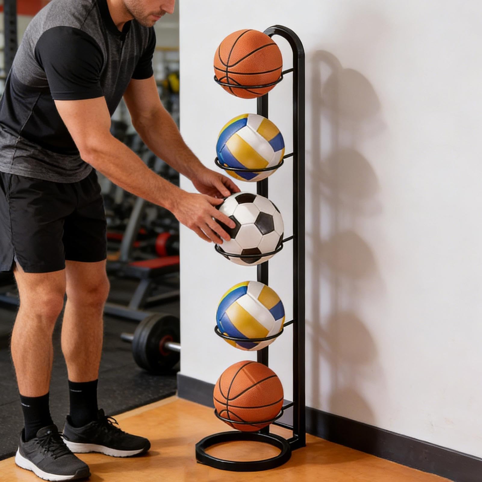 Basketballballhalter, 5-stöckig, Sportball für Basketball, Volleyball, Fußball – Aufbewahrungslösung für drinnen und draußen für Fitnessstudio, Garage, Schule, Hinterhof