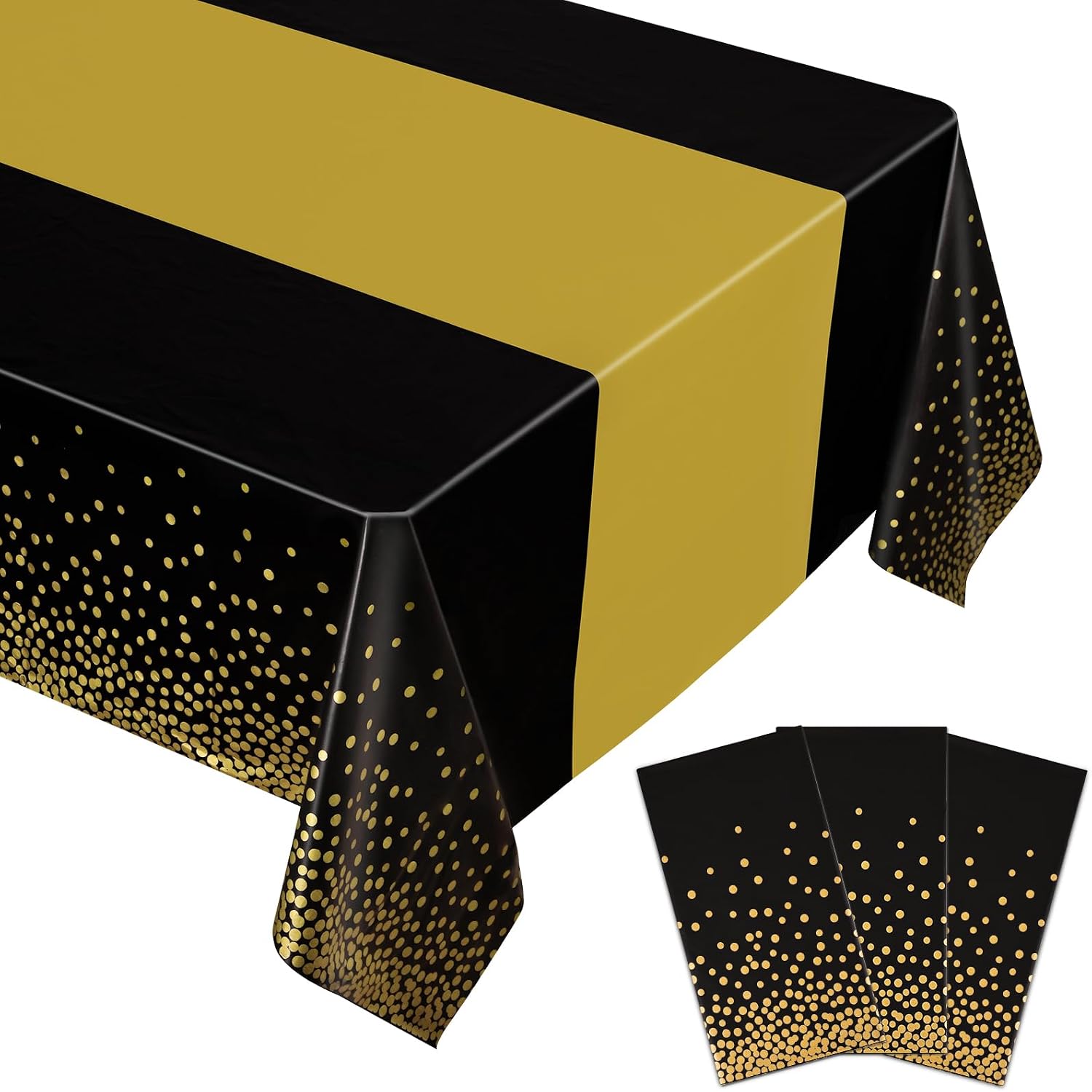 BokingOne 3 Pack Black and Gold Plastic Tablecloth, 54 inch x108 inch Rectangular Disposable Table Cover for Graduation Party, New Years Decorations, Restaurant, Birthdays Decoration, Wedding Party
