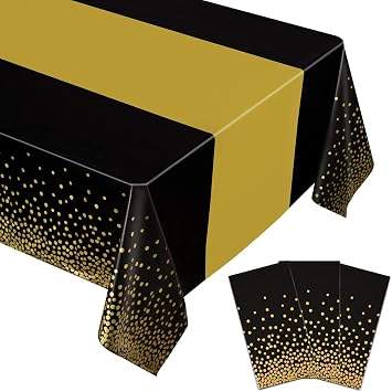 BokingOne 3 Pack Black and Gold Plastic Tablecloth, 54 inch x108 inch Rectangular Disposable Table Cover for Graduation Party, New Years Decorations, Restaurant, Birthdays Decoration, Wedding Party