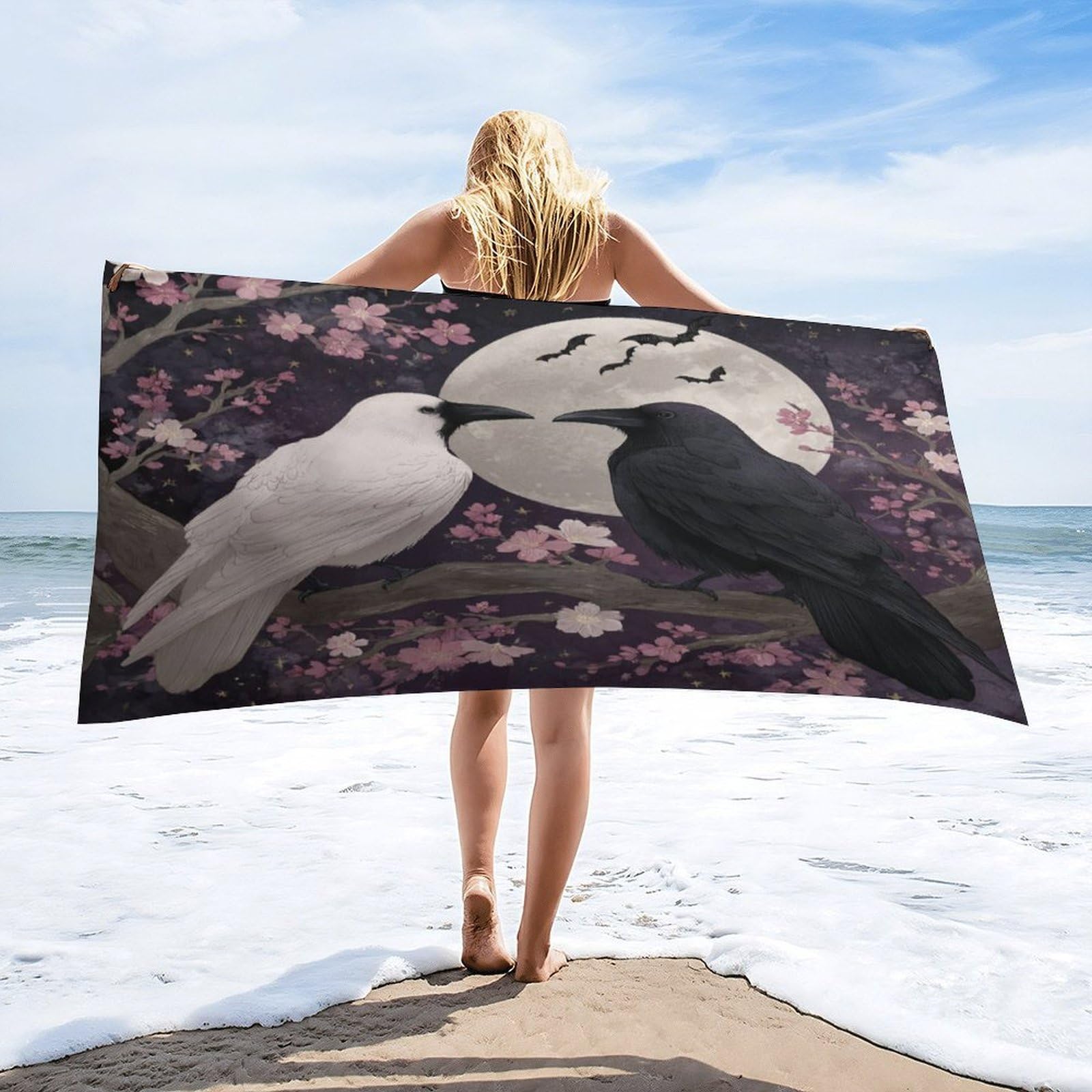 Luyysky Beautiful Realistic Crow Couple Quick-Drying Beach Towel, Romantic Abstract Full Moon Japanese Cherry Blossom Animal Bat Travel Vacation Single Sided Pile Bathroom Towels-80 W Cm X 160" L Cm