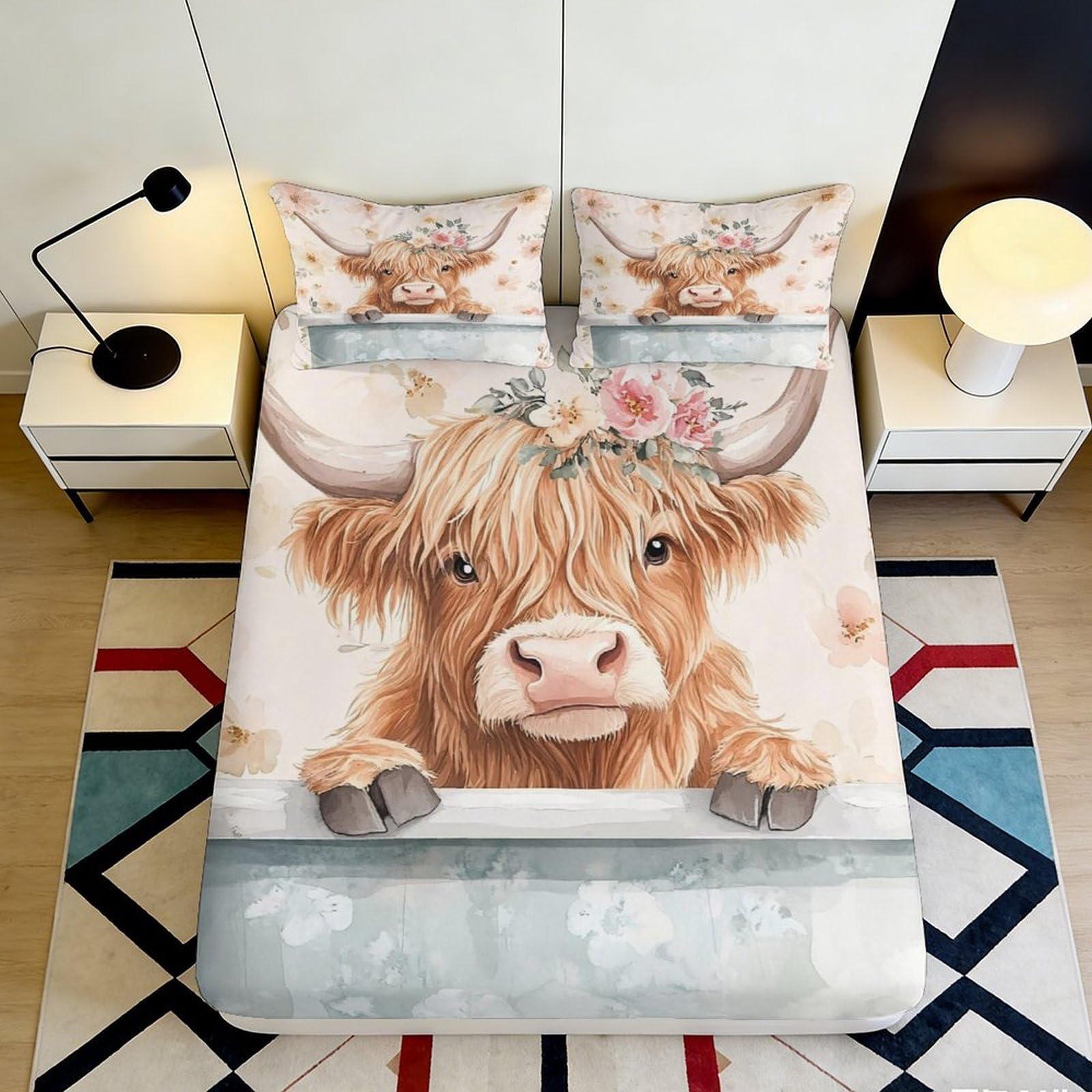 3D Printed Highland Cow Fitted Sheet Microfiber Soft Animal Flower Mattress Cover for Bedroom Dorm Decor, Easy Care 90x200x25cm