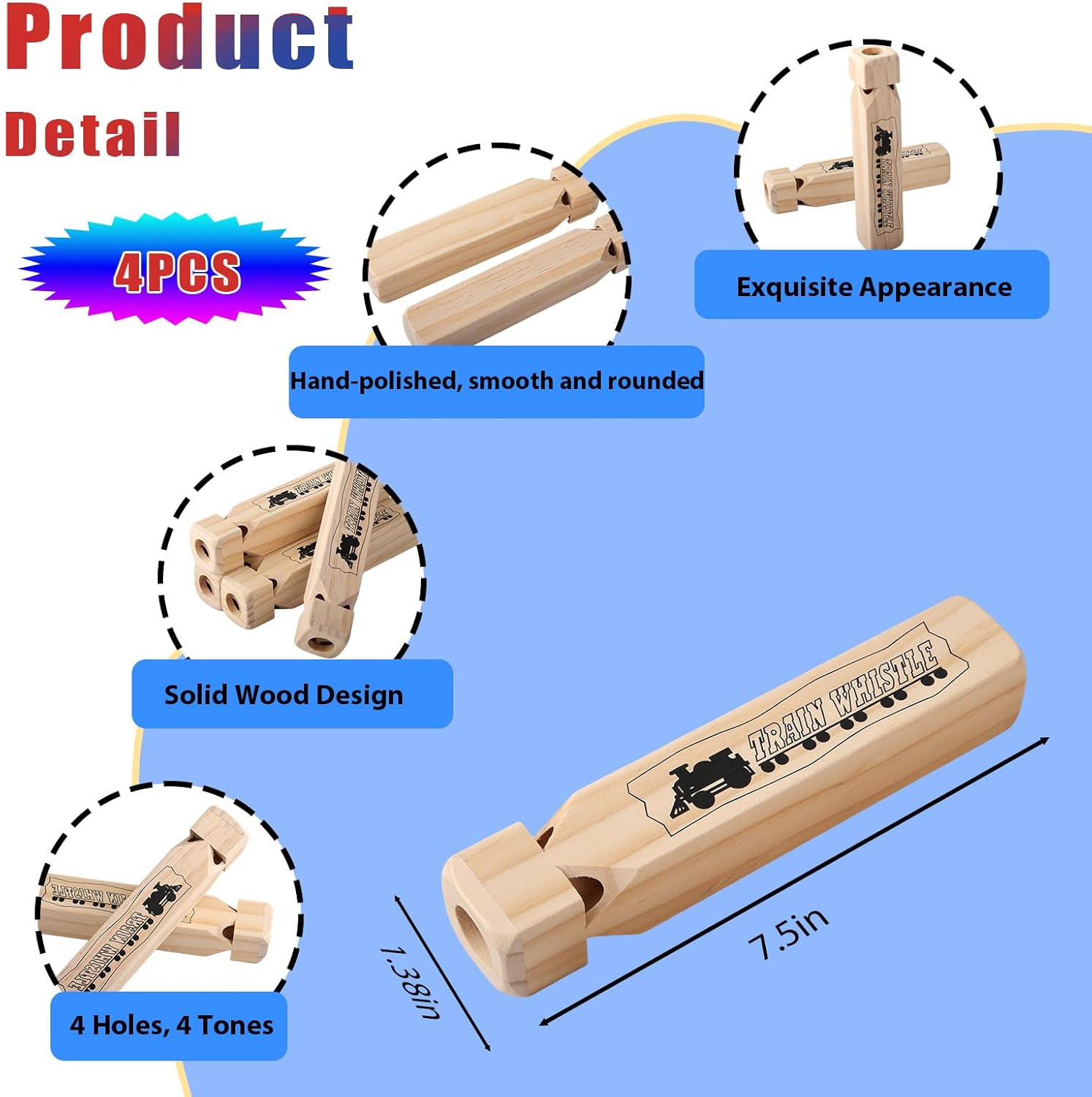 4PCS Wooden Train Whistles - 4 Tone 7.5" Large Wood Whistle, Trains Party Favors, Game Prizes, Theme Birthday Decorations, Noisemakers for Parties Carnival Prize Games Cheering Prop or Educational