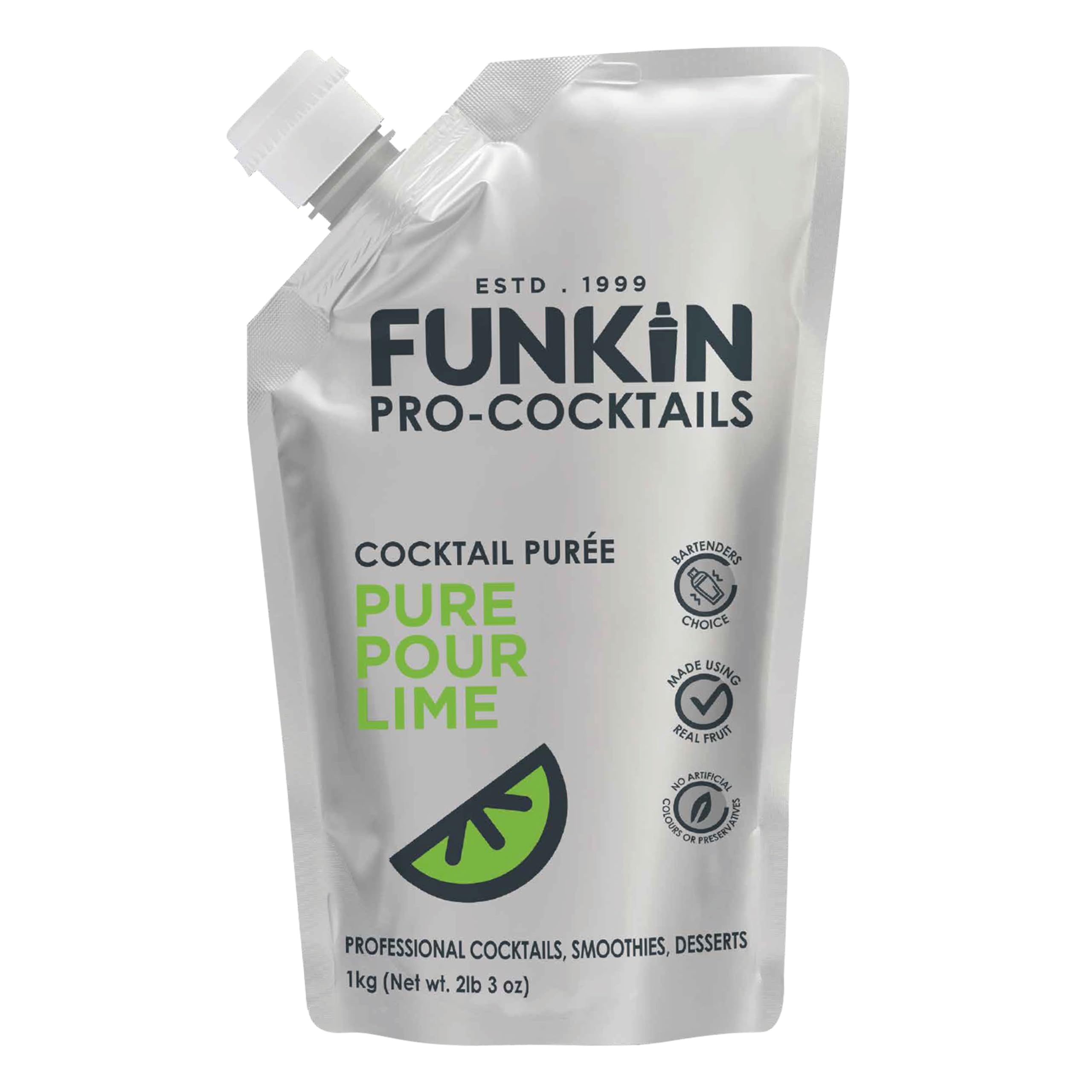 Pure Pour Lime Puree Cocktail Mixer | Made with Real Fruit | Fresh Fruit Puree for Professional Cocktails, Smoothies, & Desserts | 0% ABV | Resealable Pouch | 1kg, Pack of 1