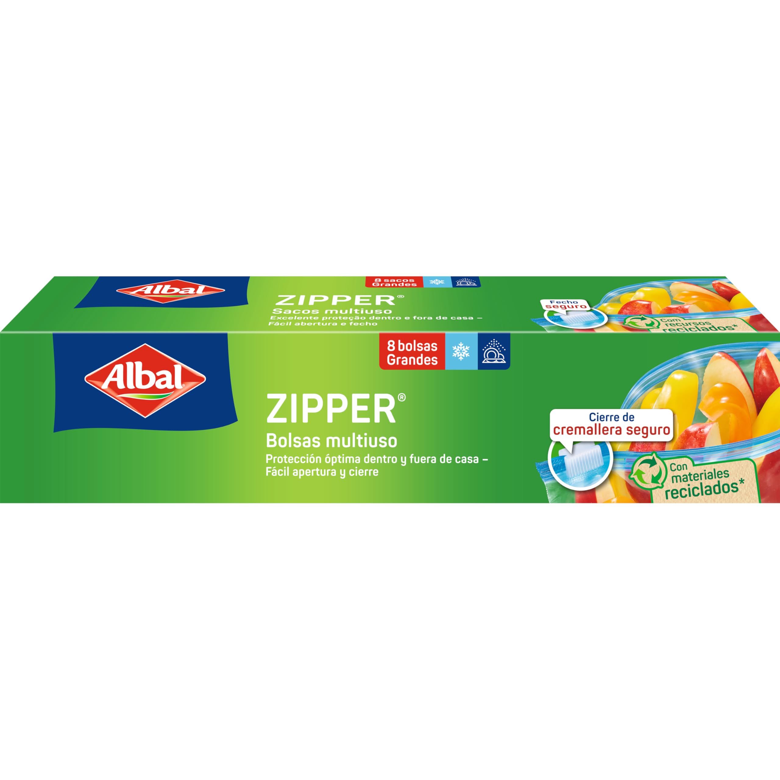 Albal Bolsas Multiuso 3 Litros, Fabricadas con 35% de Materiales Reciclados, Muy Resistentes, Reutilizables, Reciclables, Cierre Cremallera Hermético, Fondo Plano, 8 Bolsas