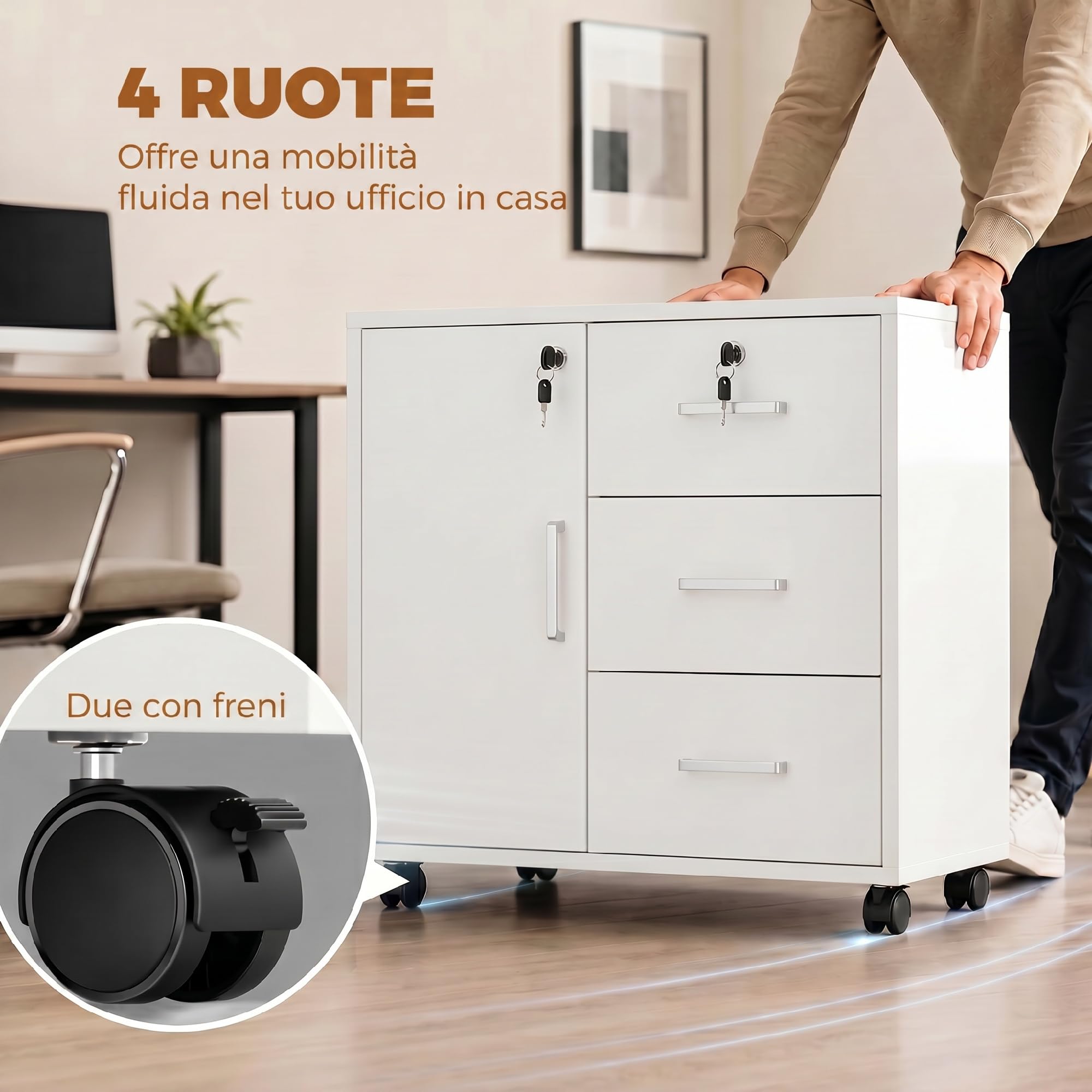HOMCOM Archivador de oficina con 3 cajones y armario con 3 estantes ajustables, archivador de aglomerado, 60x40x56 cm, blanco