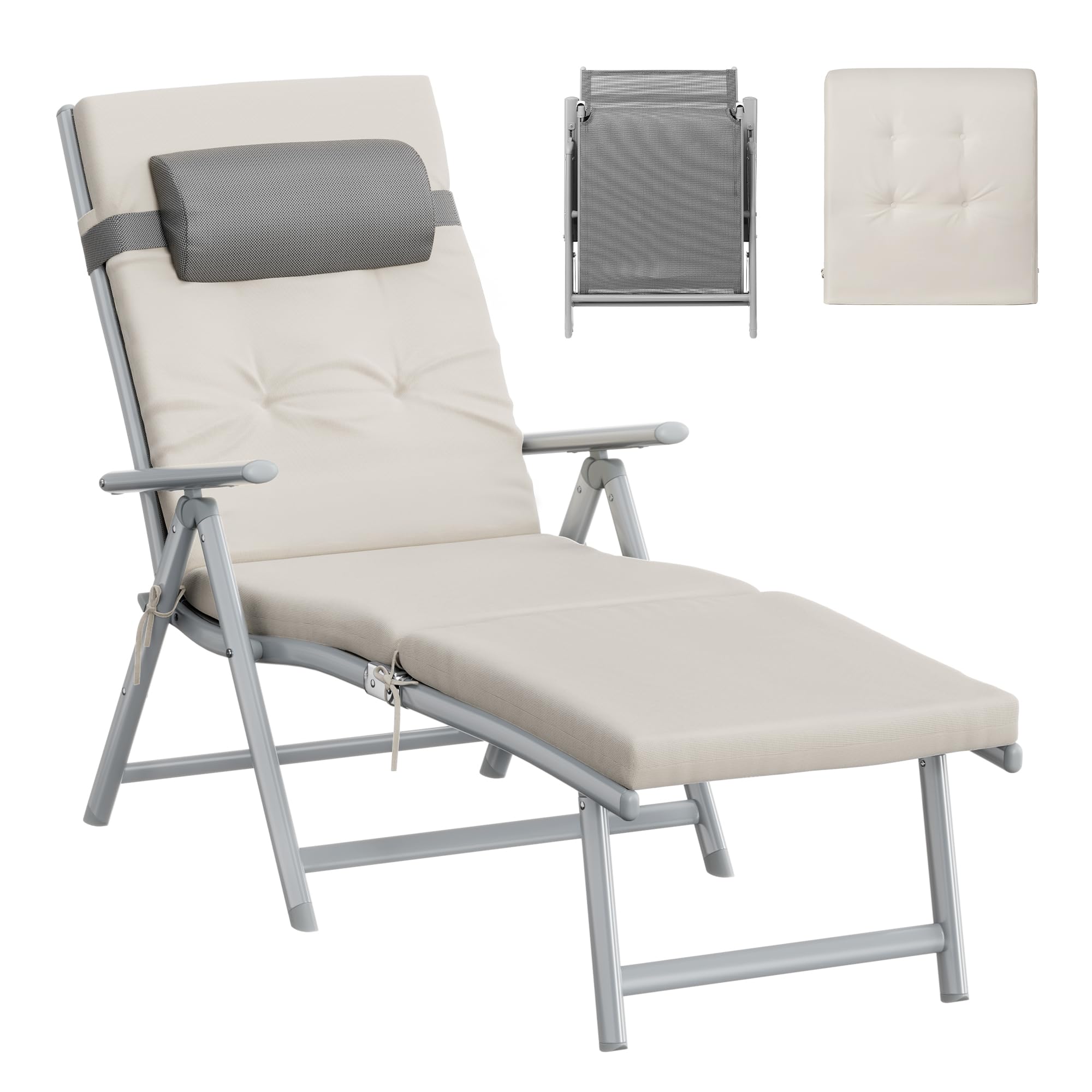 SONGMICS Sonnenliege, klappbar, Liegestuhl mit 6 cm dickem Polster, abnehmbares Kopfkissen, atmungsaktiv, einstellbare Rückenlehne, bis 150 kg belastbar, sandbeige GCB024WZ02