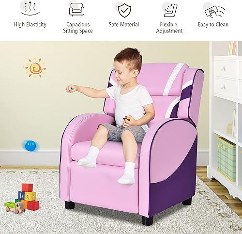 Miniatura 20 de ReunionG Sofá reclinable para niños, sillón de cuero para niños con reposapiés, reposacabezas, silla reclinable de juegos para sala de estar,