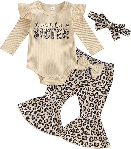 Kuriozud Conjunto de pantalones acampanados para bebé recién nacida, con volantes, lindo conjunto de pantalones acampanados con diadema y ramitas