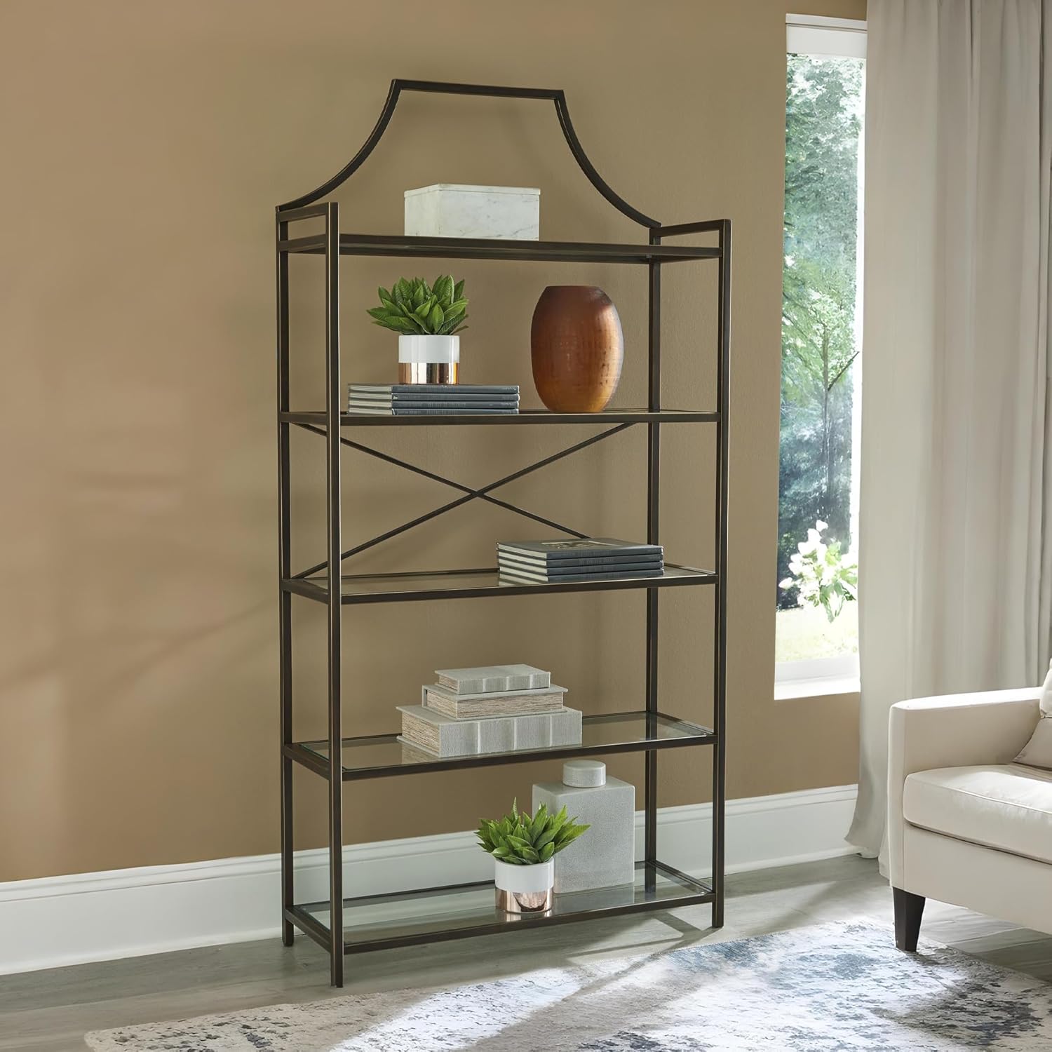 signature design by ashley bernonly traditional metal etagere 72" bookcase with 5 glass shelves, metallic