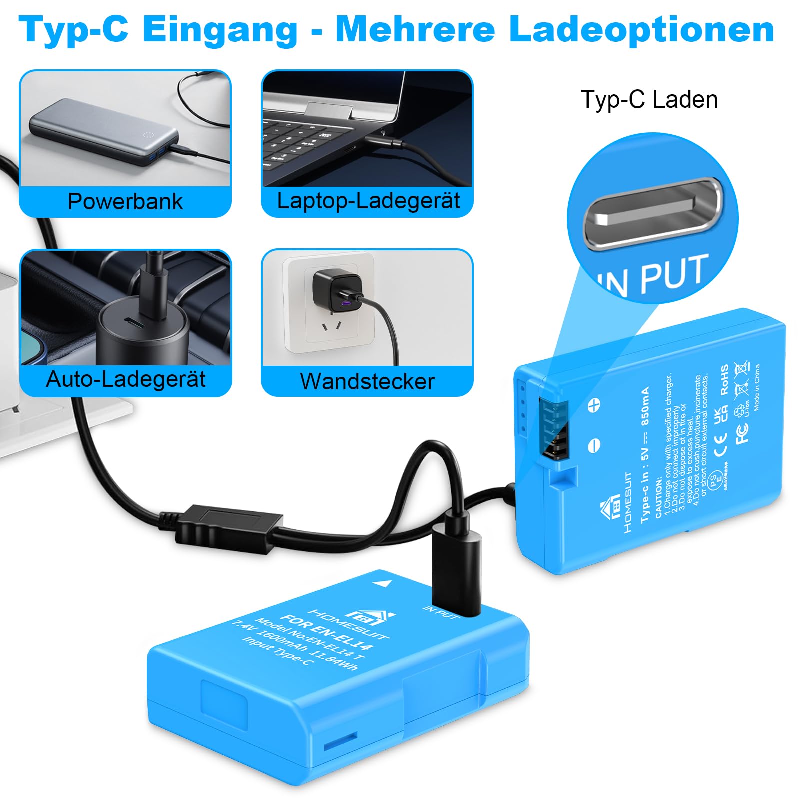 Homesuit EN-EL14 EN-EL14a Akku 1600mAh und 2-in-1 Typ-C Direktladekabel für Nikon D5600 D3300 D3500 D5100 D5500 D3100 D3200 D5200 D5300 Coolpix P7000 P7100 P7200 P7700 P7800 Kamera (2er-Pack)
