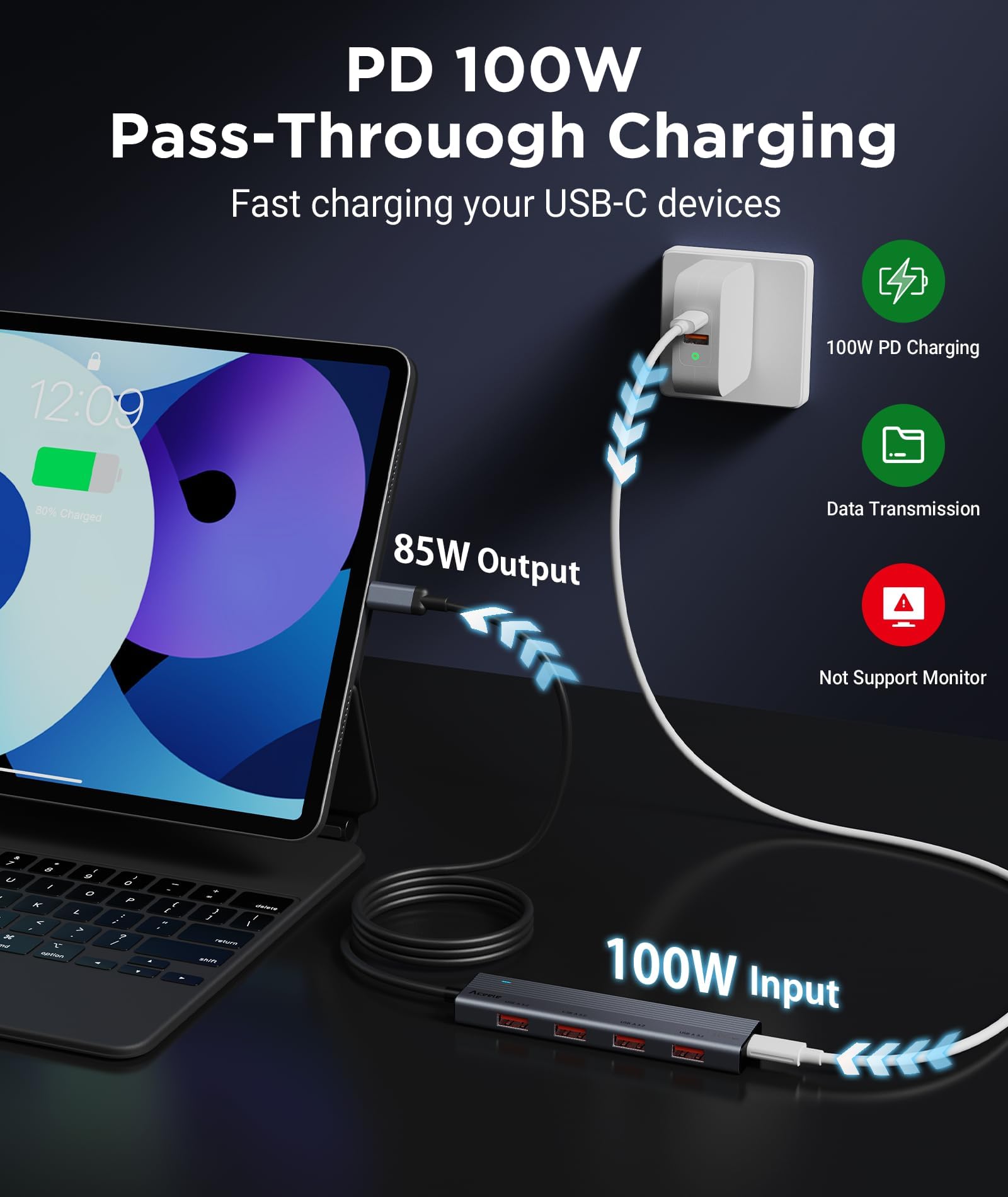 Aceele Hub USB C, 10 Gb/s, rozdzielacz USB 3.2 z ładowaniem PD 100 W, aluminiowy przedłużacz USB C z przedłużaczem 1 m do komputera, MacBooka, PS4/5, Surface Pro, Dell
