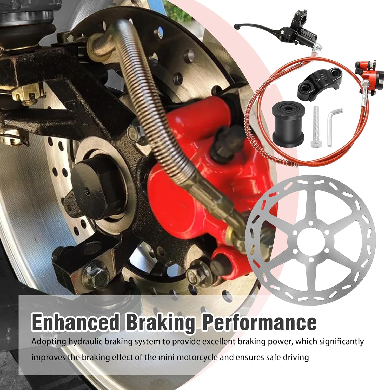 Upgraded Mini Bike Hydraulic Brake Caliper, 180mm Mini Bike Disc Brake Rotor, Replacement for Baja Doodle Bug DB30 79cc 97cc 100cc Engine Mini Bike