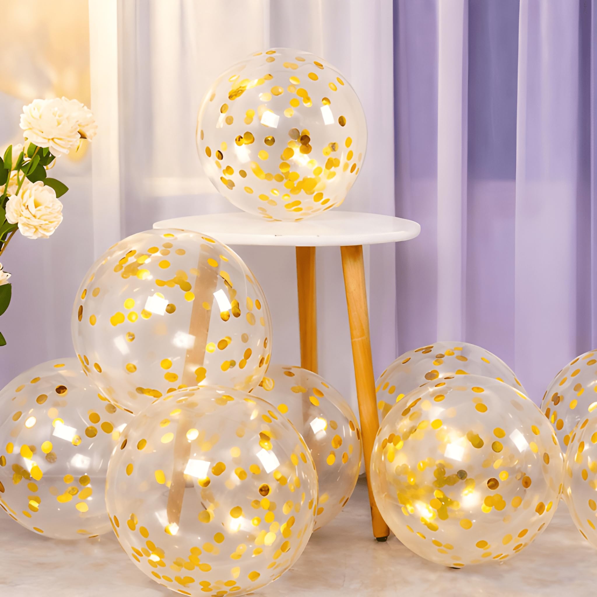 GROOVYDUDZ (Pack of 10) Transparent Balloons Combo with Pre Filled Golden Confetti for Anniversary, Birthday Girl, Baby Shower, Office Party Decorations Balloon Bunch for Decorations-image-27