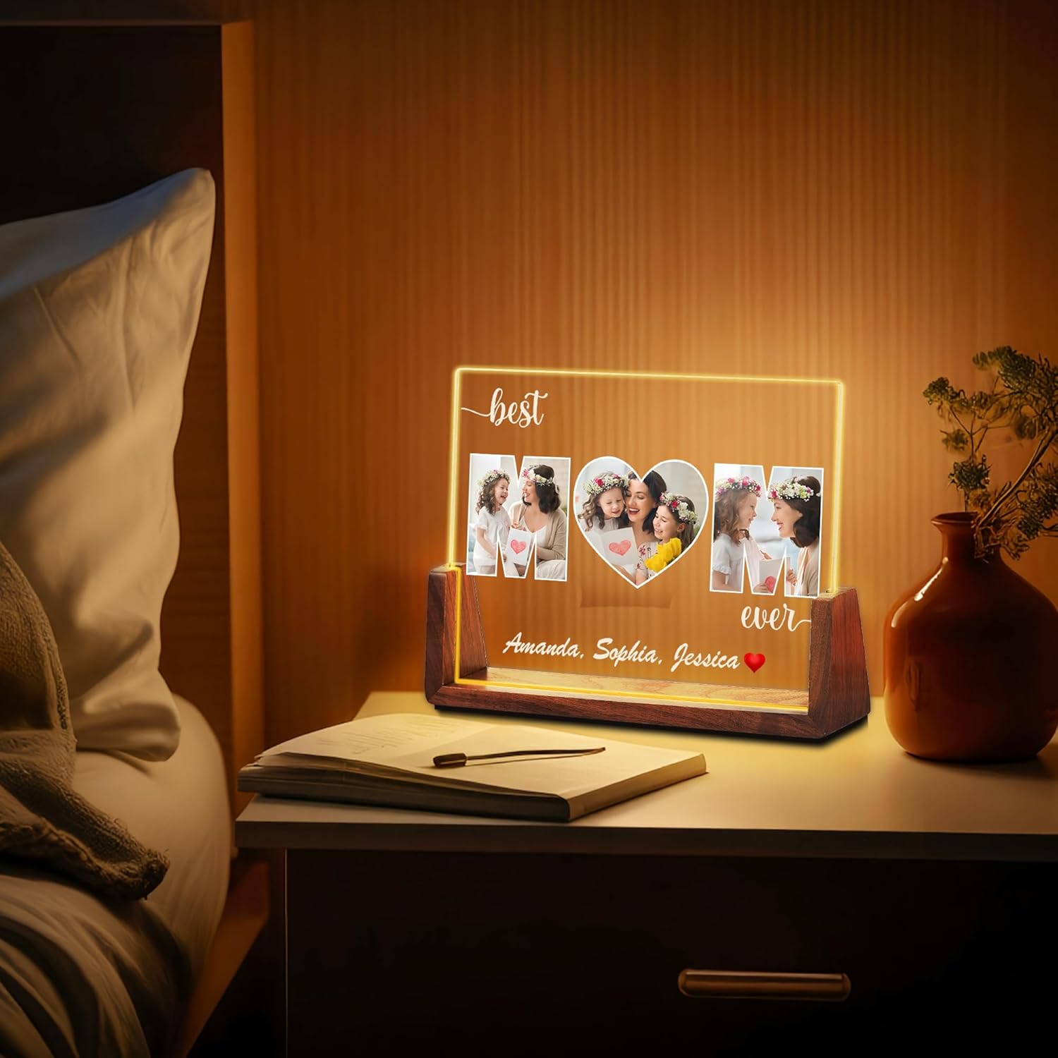 Personalized Christmas Gifts for Mom from Daughter Son Kids, Customized Acrylic Plaque LED Walnut Photos Frame with Night Light, Mothers Day, Birthday Gifts for Mom Mother MAMA Wife Women - Image 6