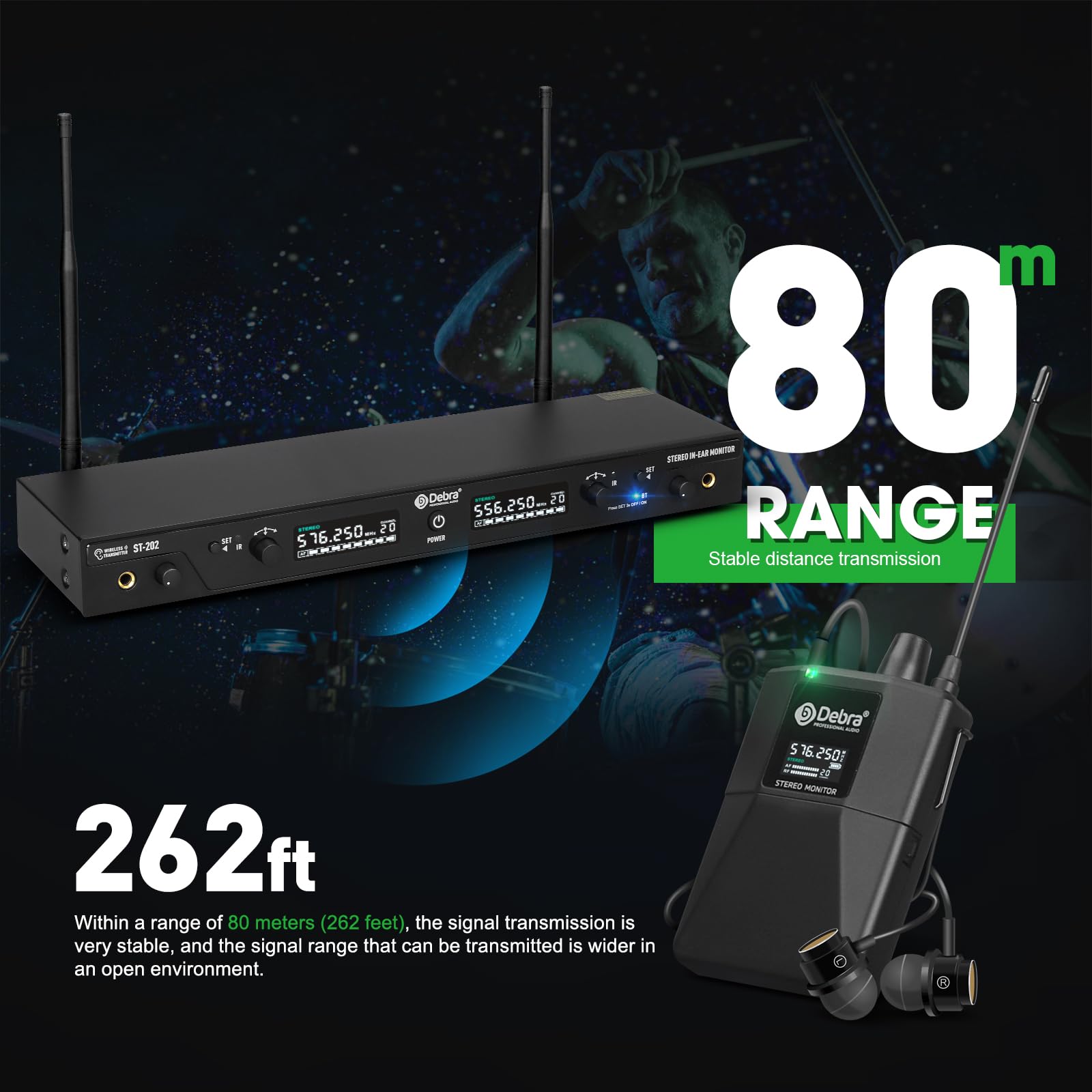 D Debra ST-202 UHF Drahtloses In-Ear-Monitor-System mit Ohrhörer,197Ft,Professionelles IEM-Stereosystem mit Sender und Beltpack für Studio,Veranstaltungen,Bandproben (Dual Channel,2 Bodypack)