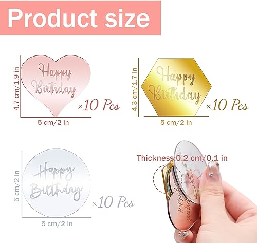 Miniatura 2 de 30 piezas de decoración para cupcakes de disco acrílico con espejo, hexagonal dorado, rosa redonda plateada y corazón dorado, decoración para tartas