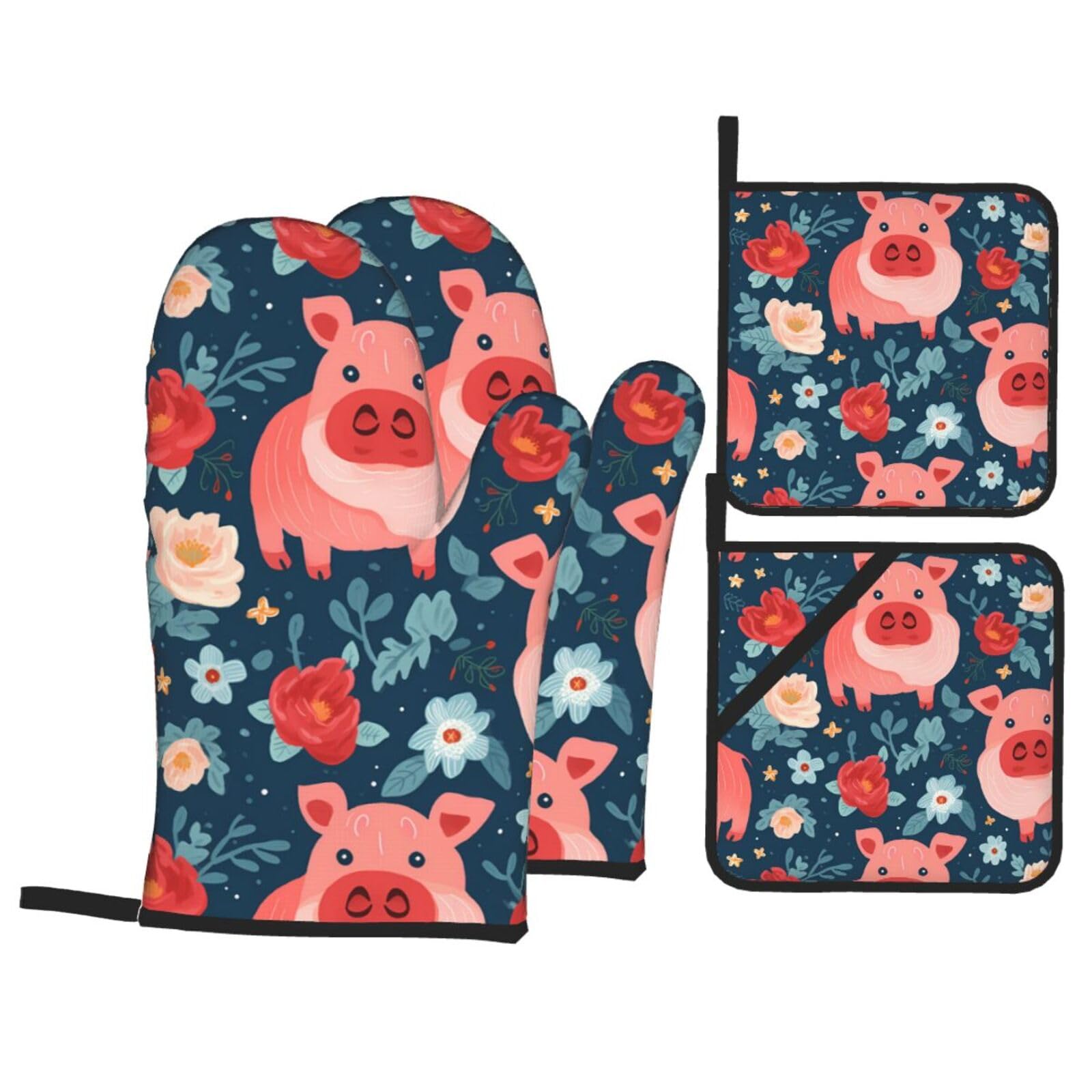 HJFCZH Flower Pig Picture Kitchen Baking Set of 4 Thick Insulated Oven Mitt & Pot Holders, Anti-Scalding for Microwave, Oven, Outdoor BBQ