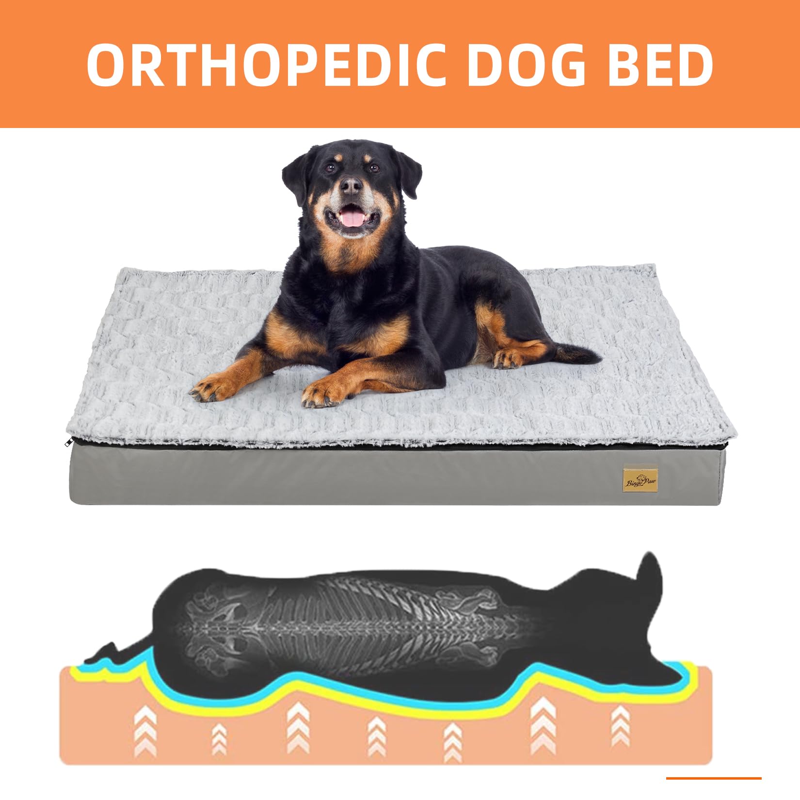 BingoPaw Cama Perro Grande: Colchon Perro Desenfundable 110x85cm Cama para Perros con Espuma Ortopedica y Funda con Revestimiento Impermeable Lavable Gris XL