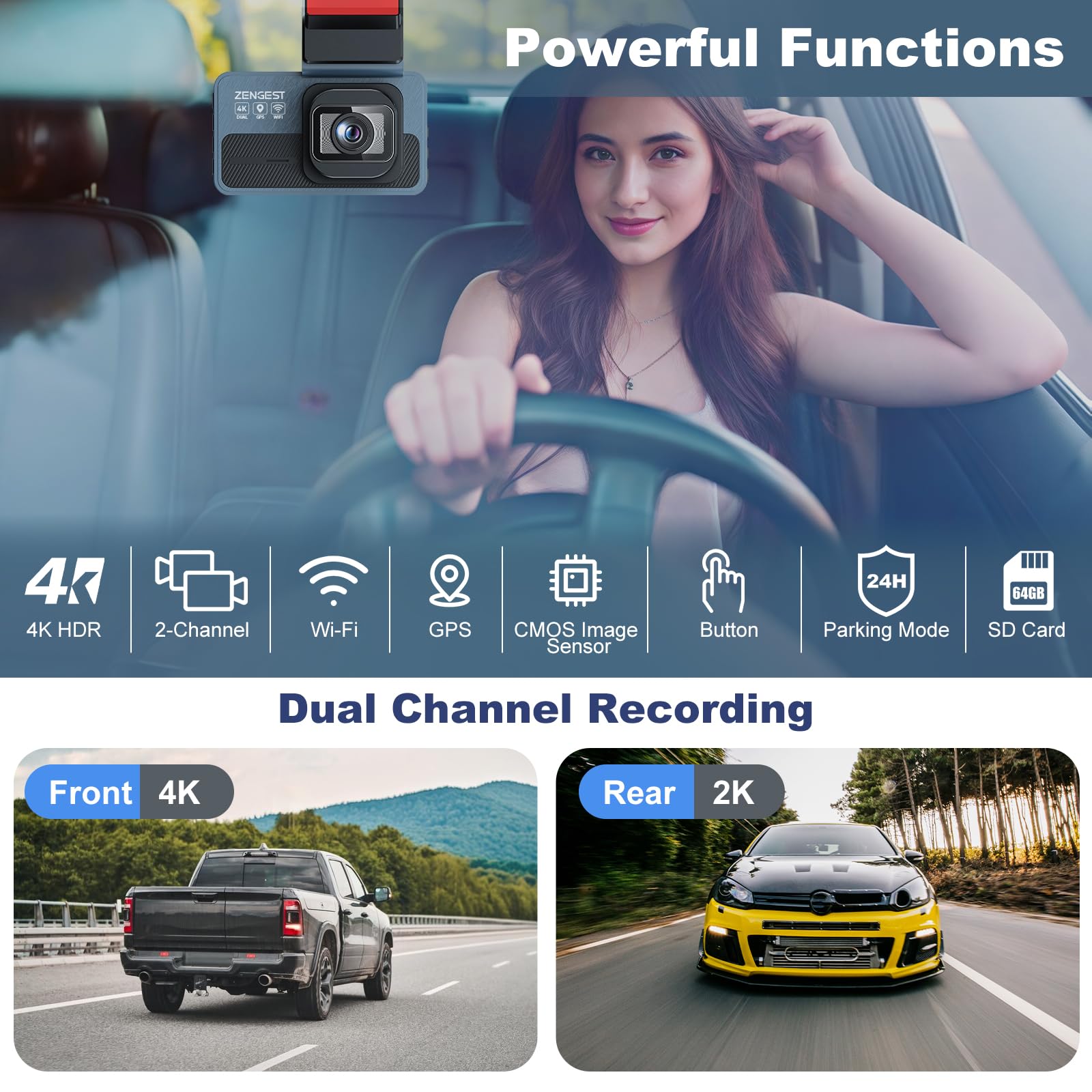 Cámara de salpicadero delantera y trasera, cámara dual para coche 4K, 5 GHz, WiFi GPS, pantalla táctil IPS de 3 pulgadas, 64 GB, visión nocturna, gran angular de 170°, modo de estacionamiento 24H