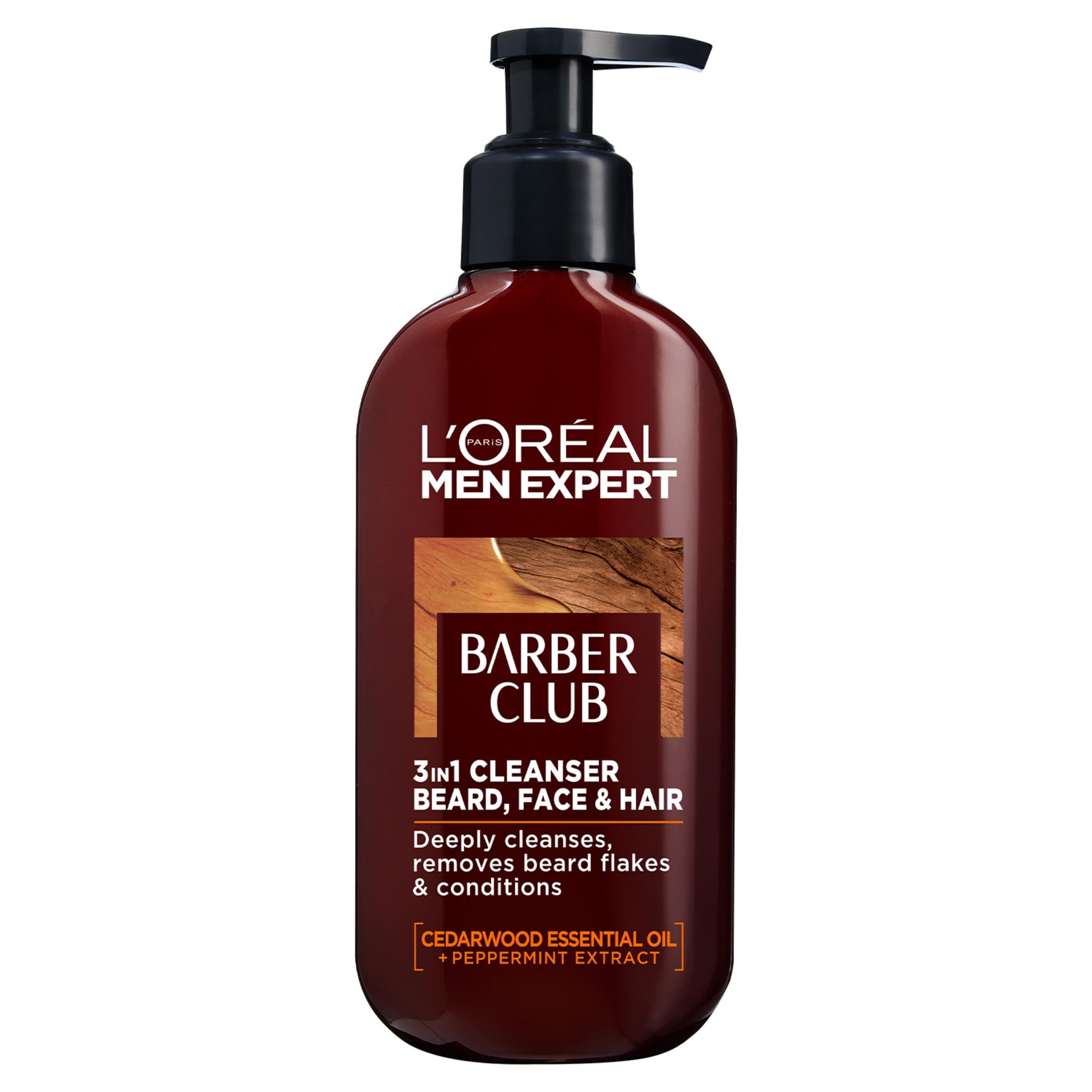 L’Oréal Paris men expertCleansing 3-in-1 Beard, Face & Hair Wash 200ml, Barber Club Wash With Cedarwood Essential Oil, Deeply Cleanses and Removes Beard Flakes