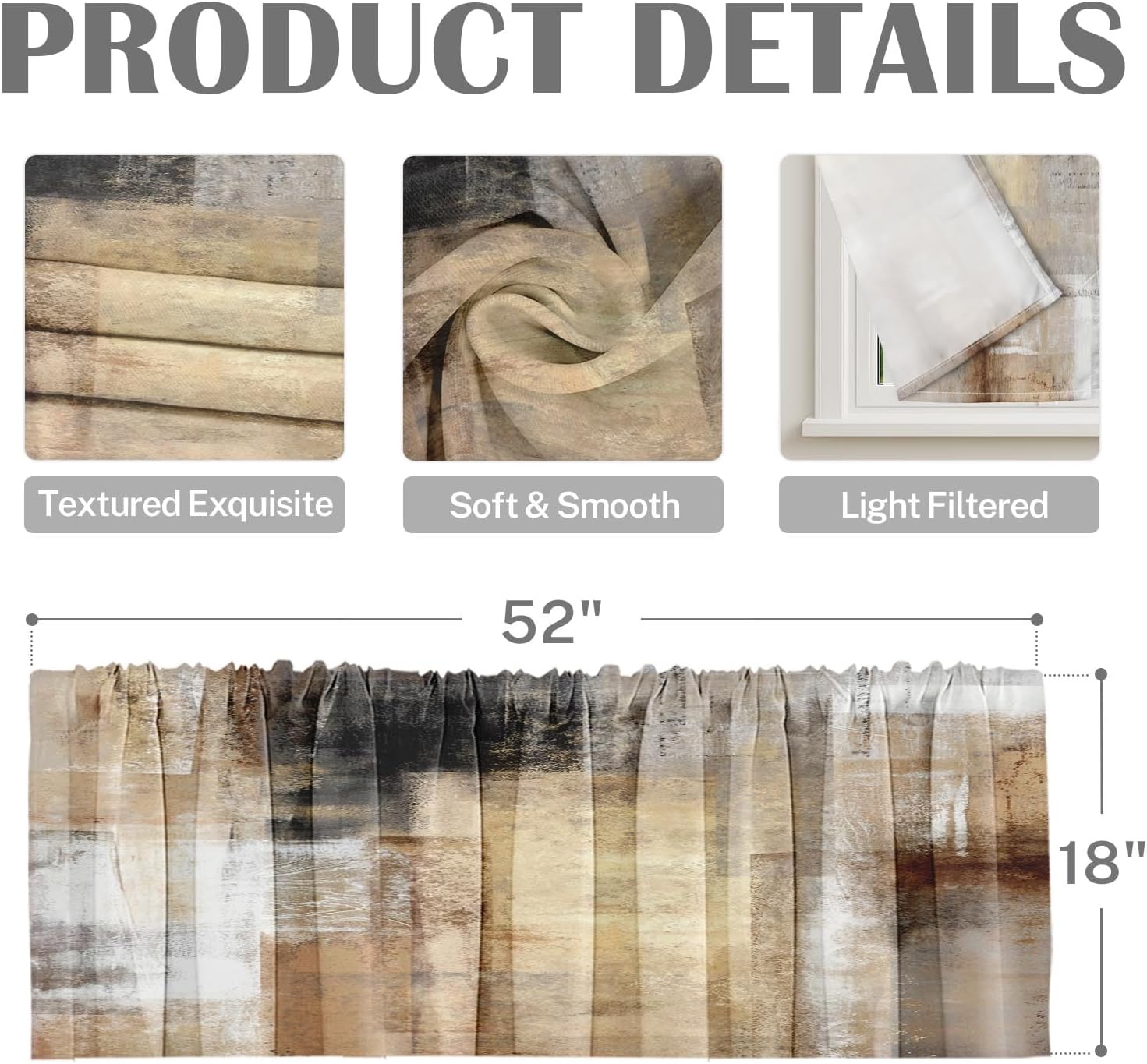 Emvency Valances for Windows, 2 Pack, 52x18 Inch, Abstract Brown