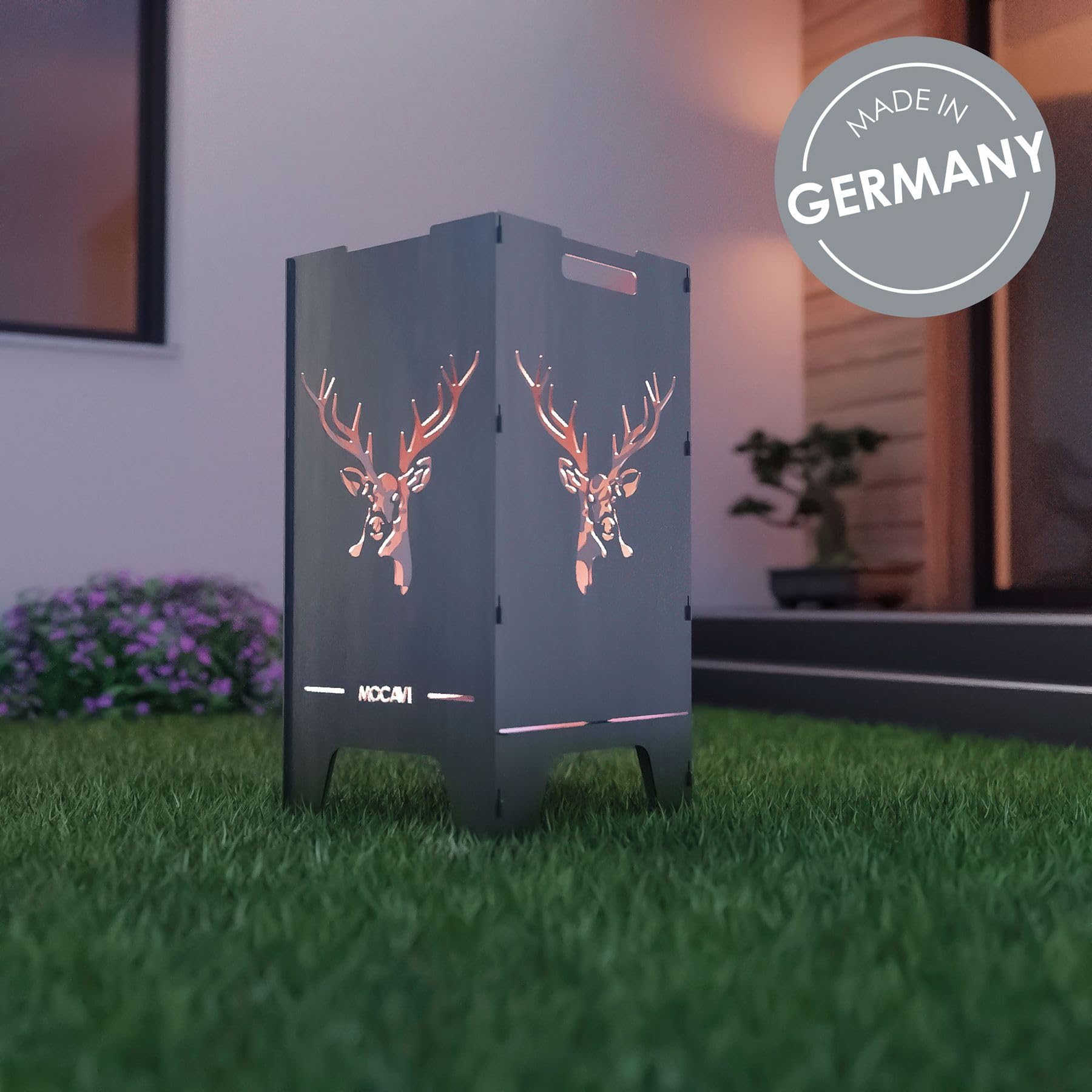 MOCAVI Feuertonne Hirsch 73 cm | 3 mm Stahl Feuerschale Feuerkorb massiv robust sicher Design-Brenntonne für Garten und Terrasse groß eckig hohe Feuerstelle Outdoor hitzefest Feuersäule Feuerfass