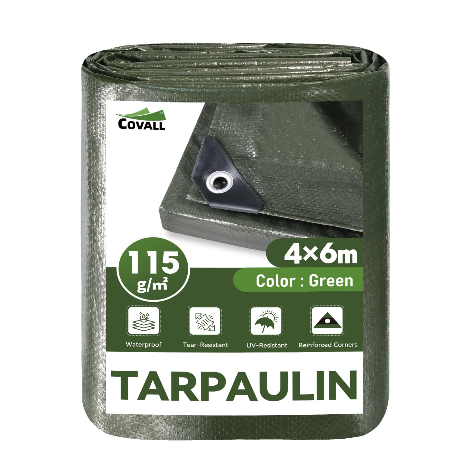 Covall Large Tarpaulin 4m x 6m Green Tarpaulin Waterproof Heavy Duty 115GSM Plastic Sheeting-UV&Tear Resistant,Outdoor Covers Waterproof For Shelter,Camping,Garden,Wood,Trampoline Cover