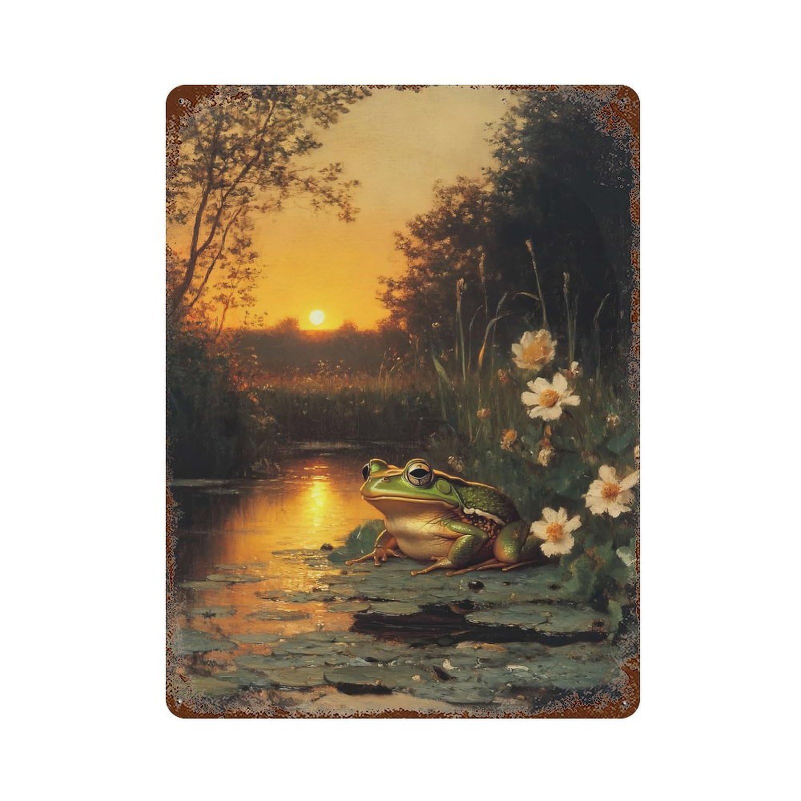 Distressed Metal Wall Sign Frog at Sunset 15.7"x11.8", Vintage Wall Decor for Garage, Bar And Workshop Decor