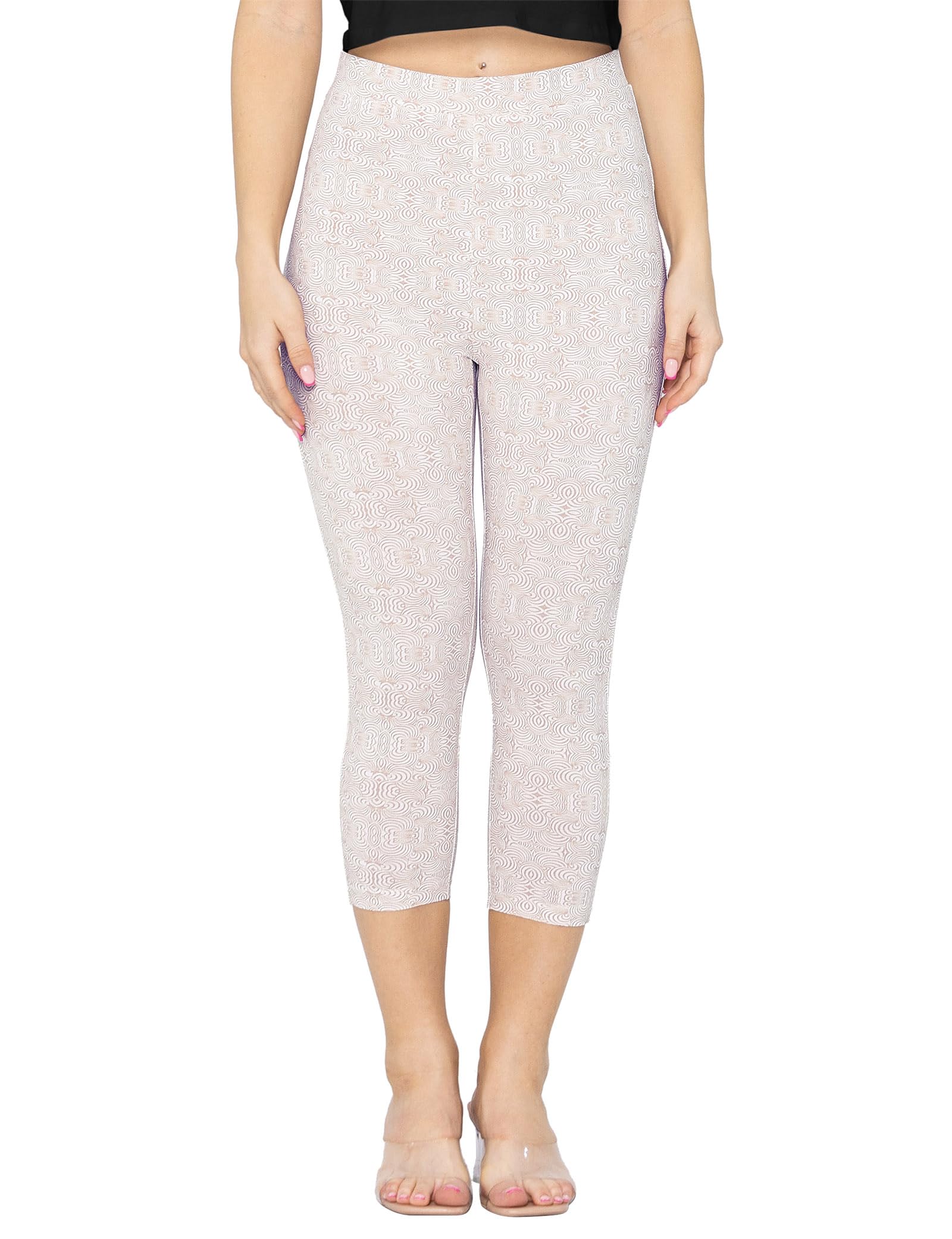 Enorsia Cream Bee Printed Cropped Leggings - High-Waisted - Skinny Fit - 18 inch Inseam - Size 10