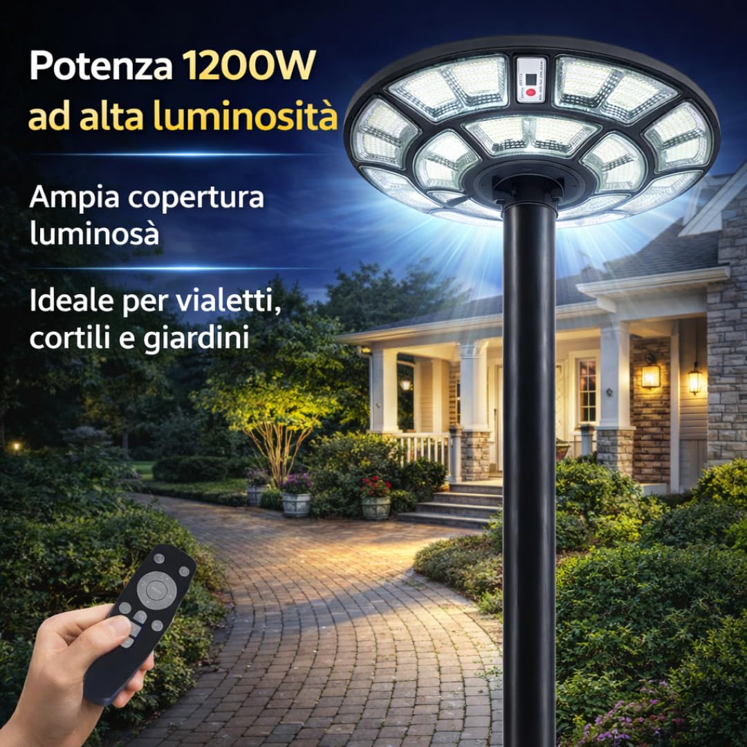 DE ROSA SHOP Lampione Solare Led Esterno, Lampione da Giardino 1200 Watt forma Ufo con Telecomando, Sensore di Movimento e Crepuscolare, Luce Bianco Fredda, Impermeabile IP 67.