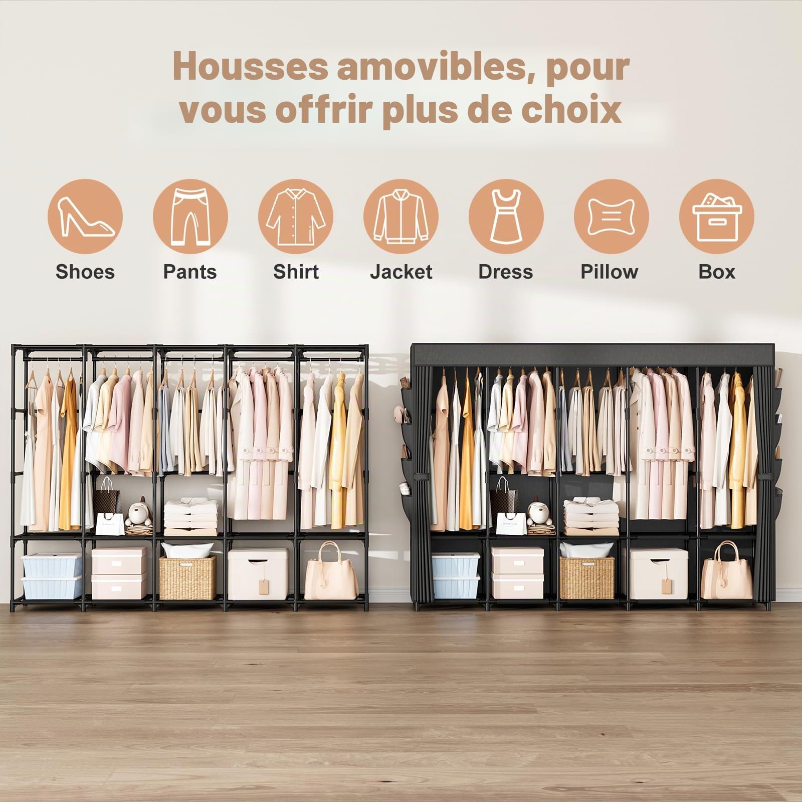 Vicye Armoire Chambre Adulte Tissu, Penderie Vetement Grande Capacité 210 cm Largeur, Dressing Penderie avec Housse, 10 étagères de Rangement et 5 Barres, Garde Robe Adulte Robuste pour Dressing