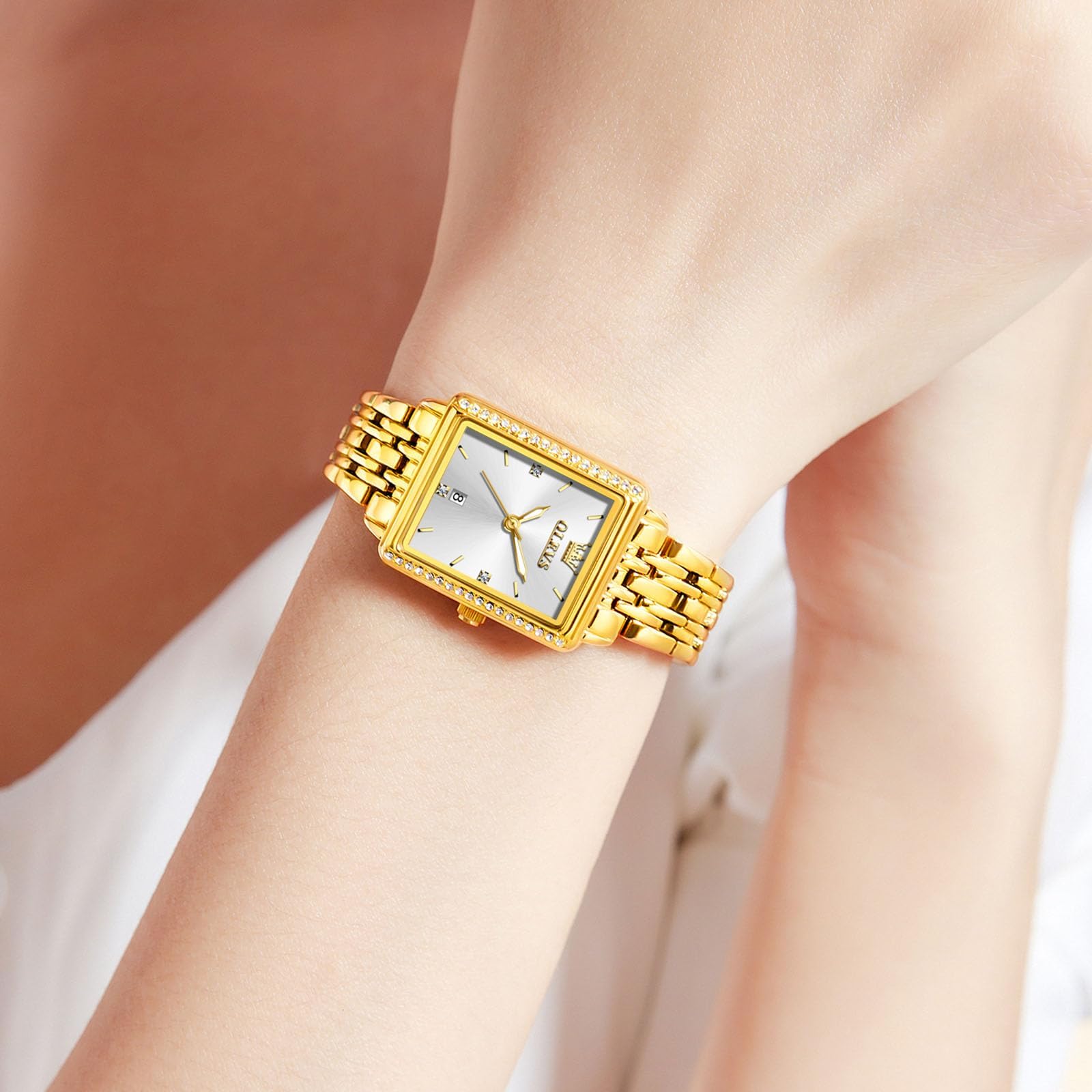 OLEVS Gold Uhren für Frauen Quadrat, Edelstahl Armband Damenuhren Kleines Gesicht, Retro wasserdichte Leuchtende Damen Armbanduhren mit Datum Leicht zu Lesen