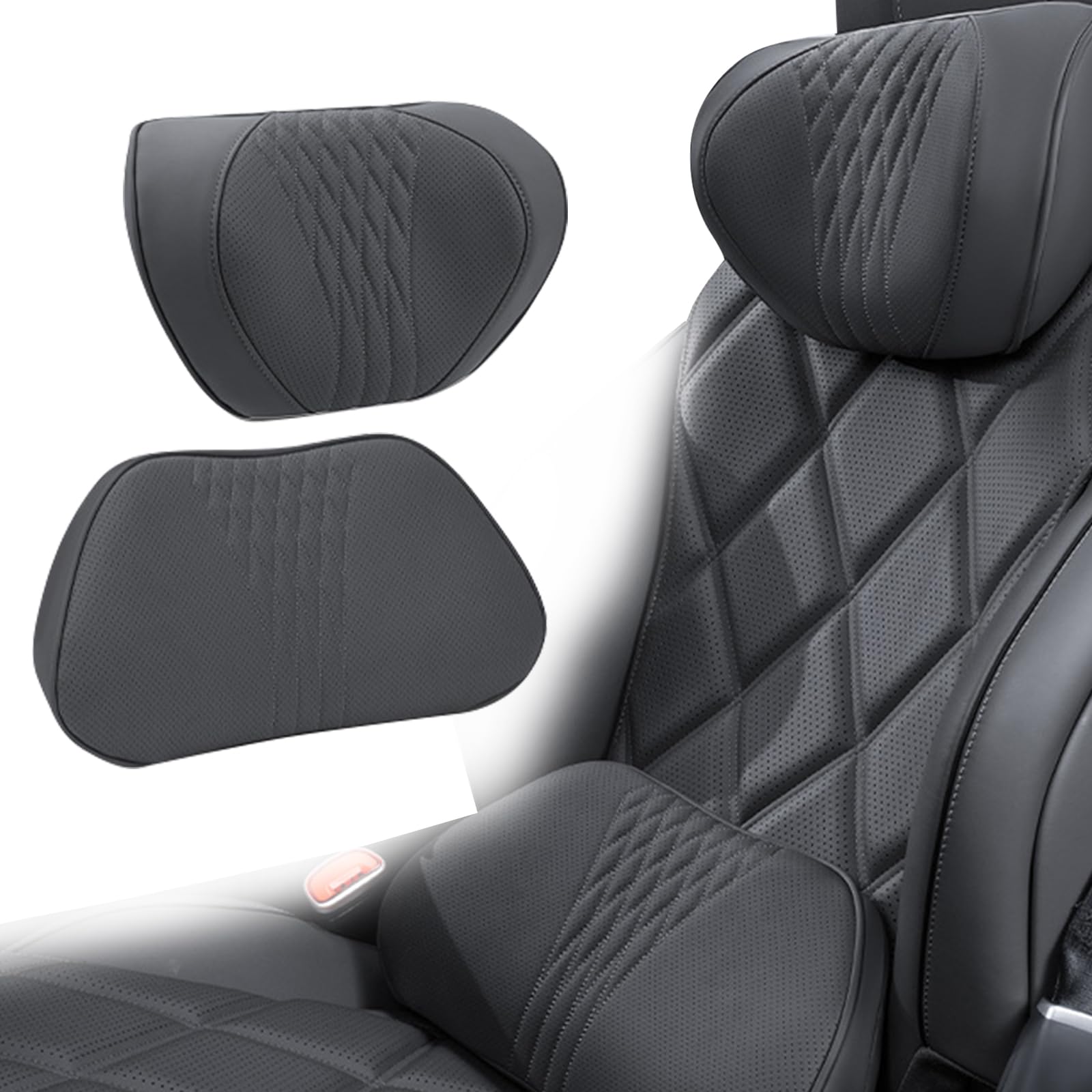 Auto Nackenkissen und Lendenkissen Set Memory Foam, Rückenkissen Auto Kopfstütze, Atmungsaktiv, Weich und Bequem für lindert Rückenschmerzen und Lordosenstütze (Schwarz)