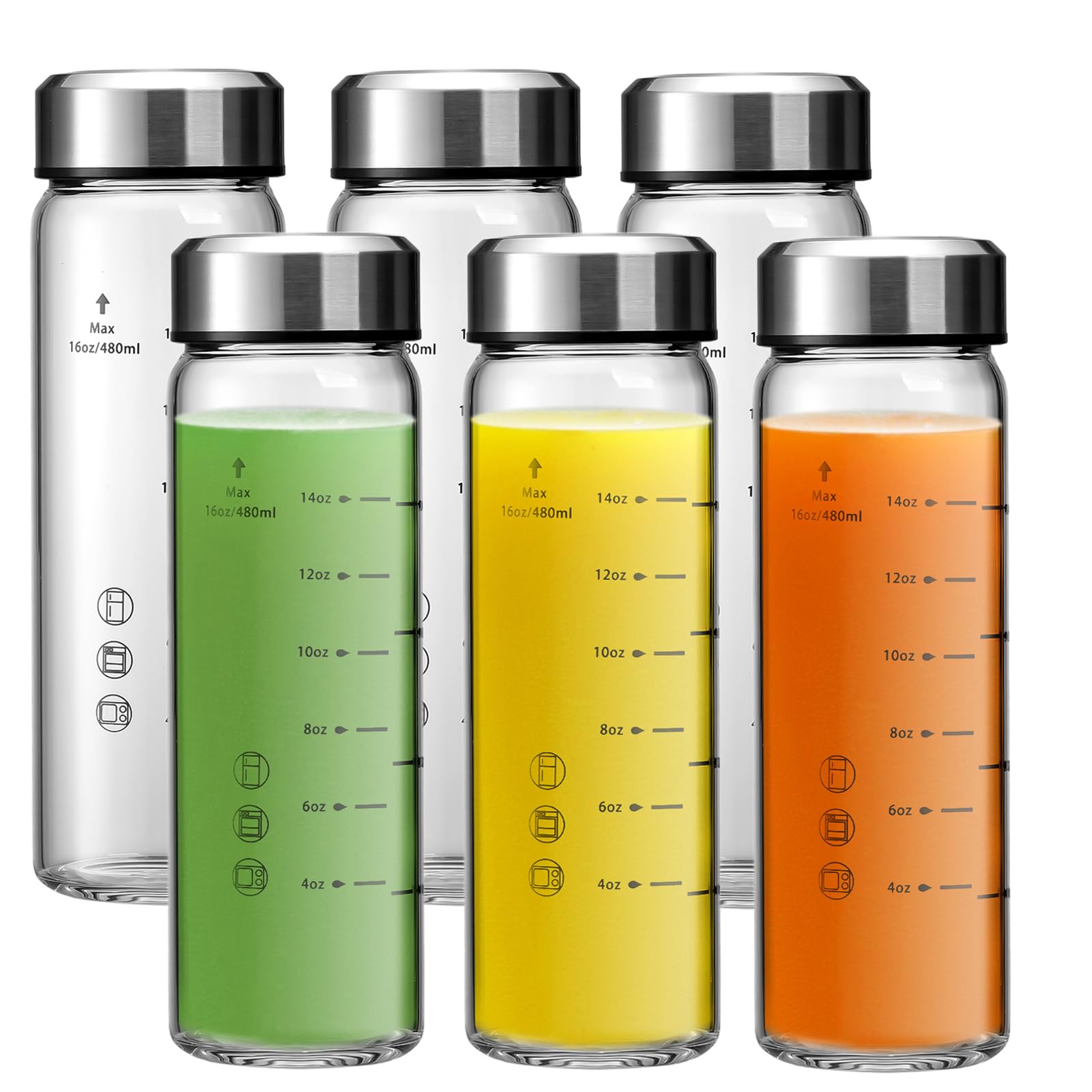 SIEROZUR Glass Juice Bottles 16oz- 6 Pack Wide Mouth Glass Bottles with Lids for Juicing Smoothies, Infused Water, Beverage Storage - BPA Free, Leakproof, Reusable, Borosilicate