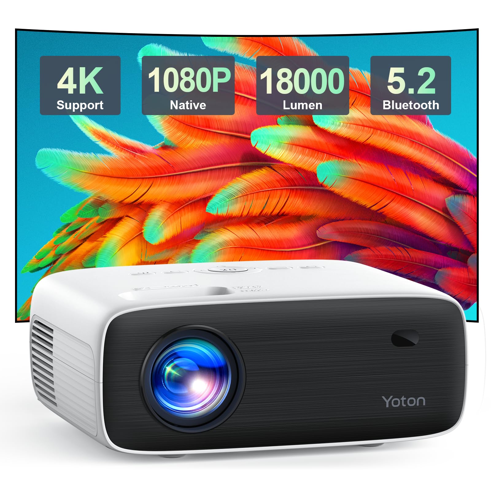 Videoproiettore, YOTON Y6 Proiettore 4K con 18000 Lumens Bluetooth 5.2, Altoparlanti Stereo, 1080P Nativo, Supporta la Riproduzione di Video 4K, Compatibile con Smartphone, PC, USB e Fire Stick