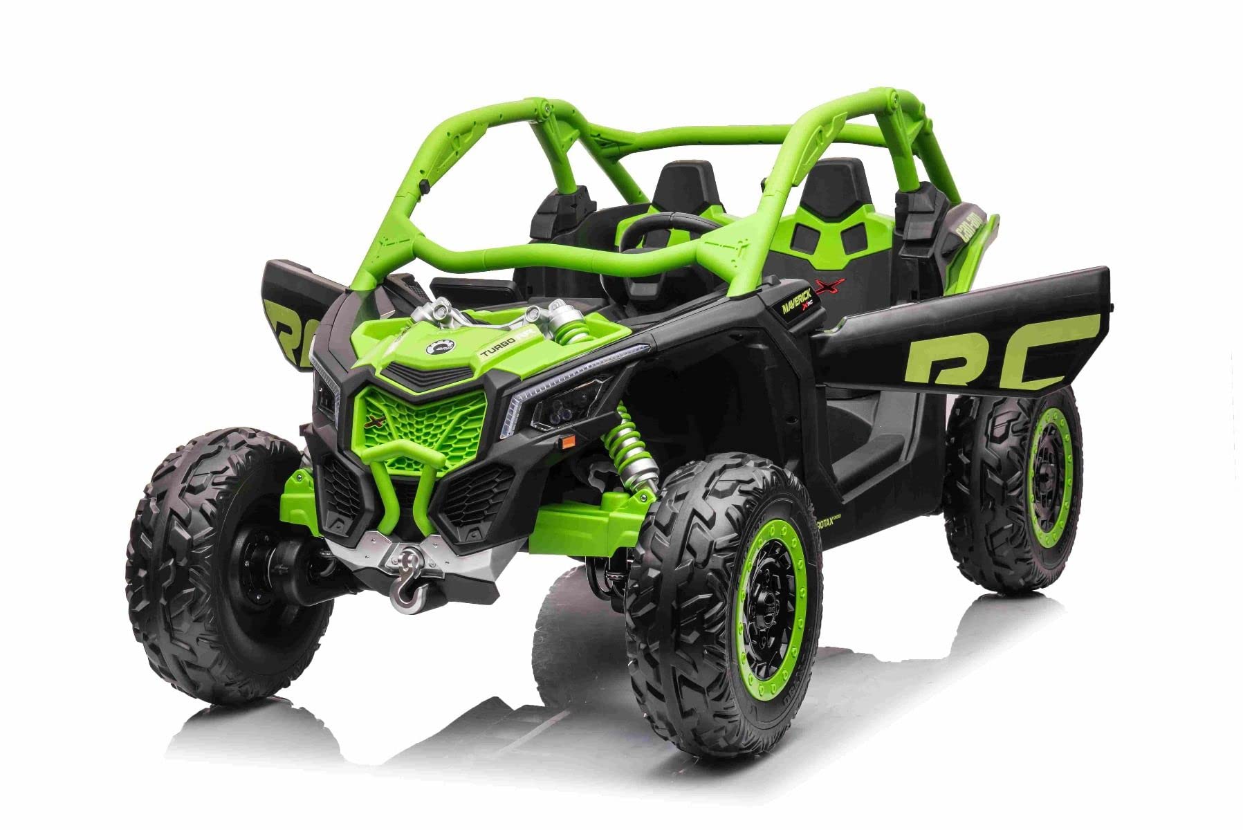4x4 Voiture électrique Enfants 24V Buggy 2 Places Can-Am Maverick, sous Licence, 4×200W Moteurs, Batterie Lithium, Suspension, Roues EVA, télécommande parentale 2,4 GHz, MP3/USB/SD, Vert