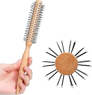 Round Curling Comb with Wooden Handle, Pure Beech Wood, Gentle Nylon Bristles, Natural Hair Brush for All Hair Styles 3cm wide, 23cm long
