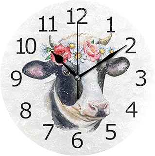 ALAZA Round Wall Clock with Silent Movement, Cow Portrait with Flower Wreath Wall Decor for Classroom Playroom Bedroom