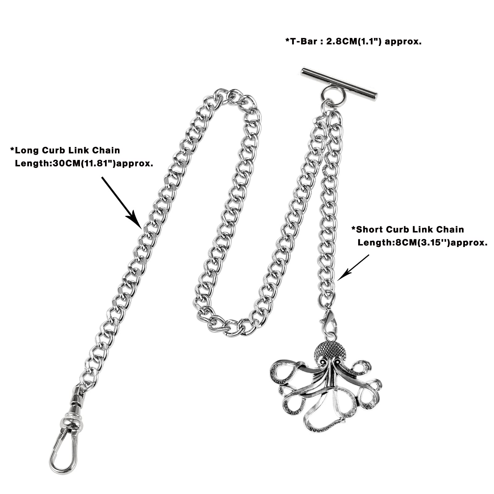 ZTA Albert Chaîne de montre de poche pour homme avec fermoir pivotant avec pendentif motif pieuvre
