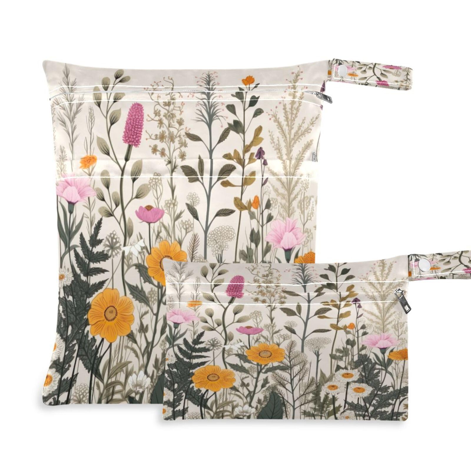 ATTX Herbal Wildflowers Wet Dry Bags 2-Pack - Reusable Cloth Diaper Storage for Travel, Beach & Gym | Multi-Use Waterproof Bags for Swimsuits, Baby Clothes, Sports Gear#600