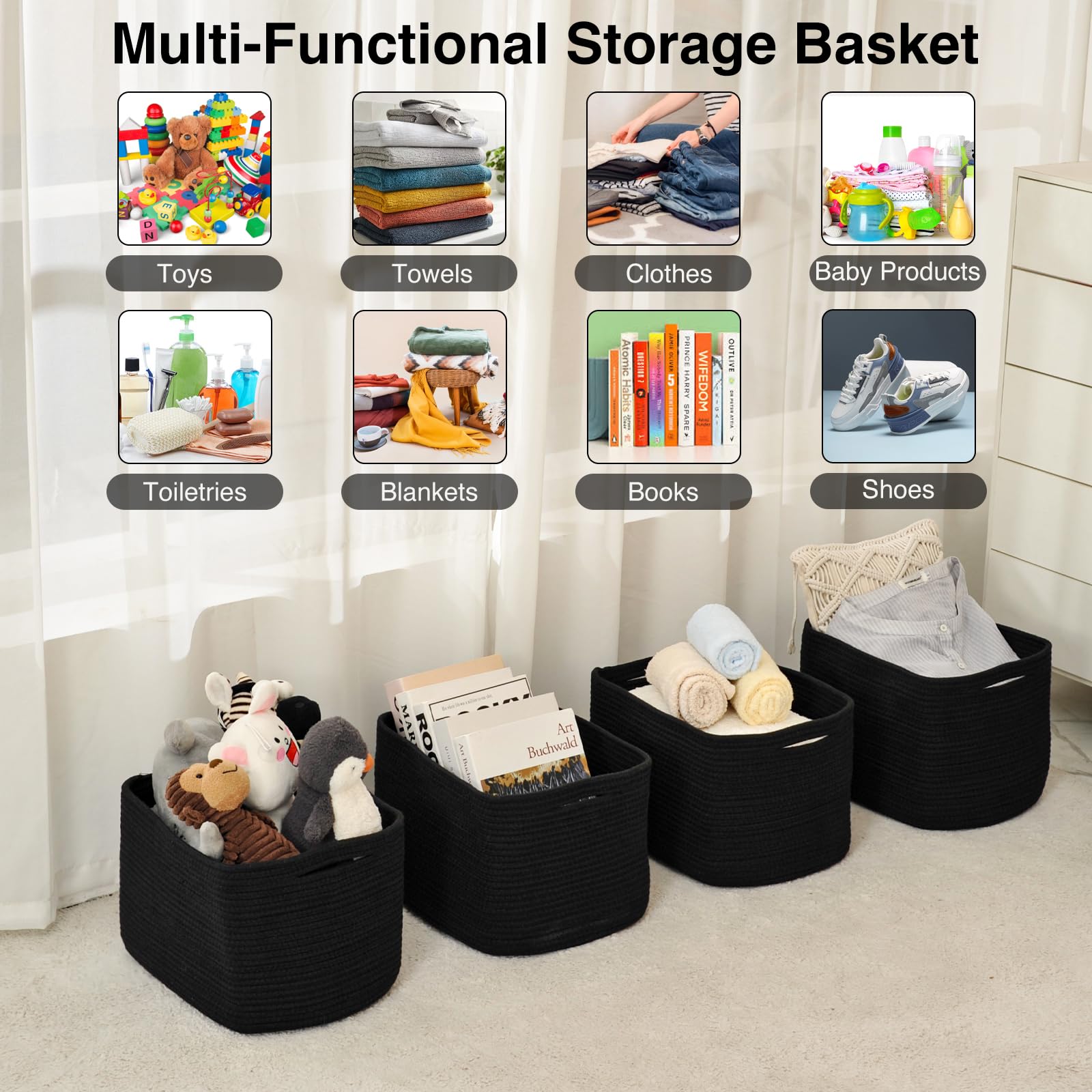ICERZCZ Aufbewahrungskörbe für Organisation und Regale, gewebtes Baumwollseil, Organisationsbehälter für Hundespielzeug, Kleidung, Bücher, Kinderzimmer, 38,1 x 27,9 x 24,9 cm (L x B x H), 4 Packungen
