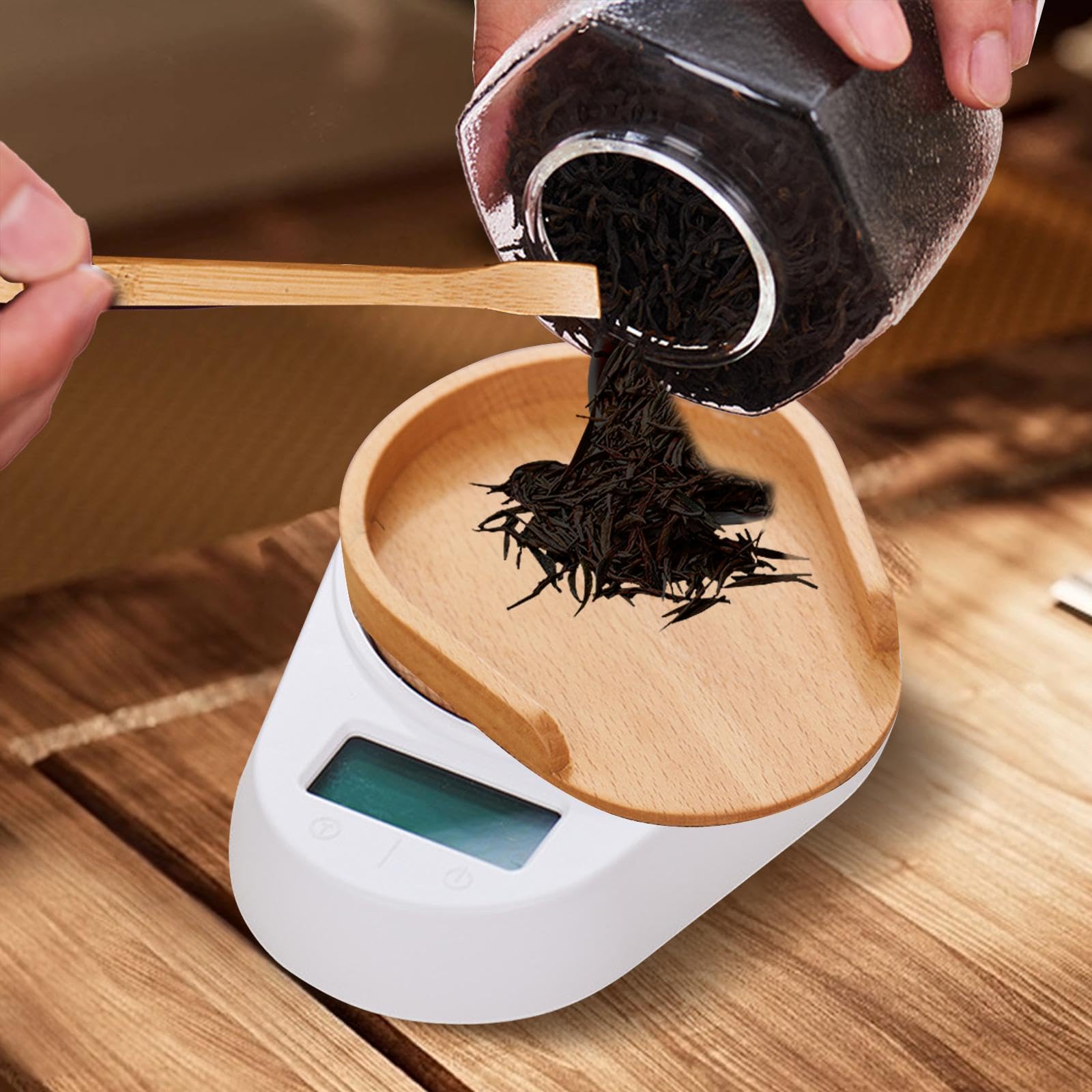 de Bolsillo Mini de Cocina 500G 0.1G Decoración Preparación de Té de Té Portátil Multiusos Pesaje de Hojas de Té para, Blanco con bandeja, tal como se describe