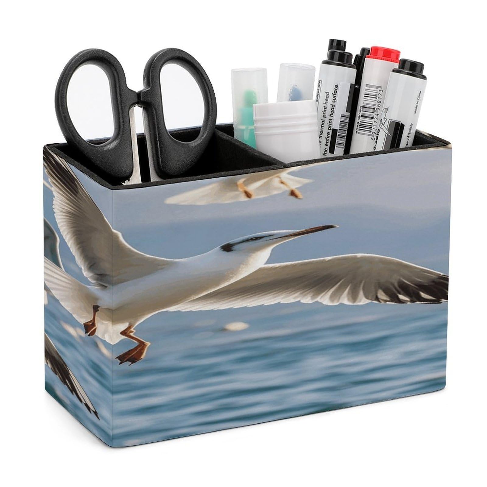 LZQPOEAS Seagulls in Flight Leather Pen Holder Square Pencil Holder Multi-Functional Desk Organizer Modern Pen Cup Pencil Cup Minimalist Desktop Stationery Organizer for Desk Office Home