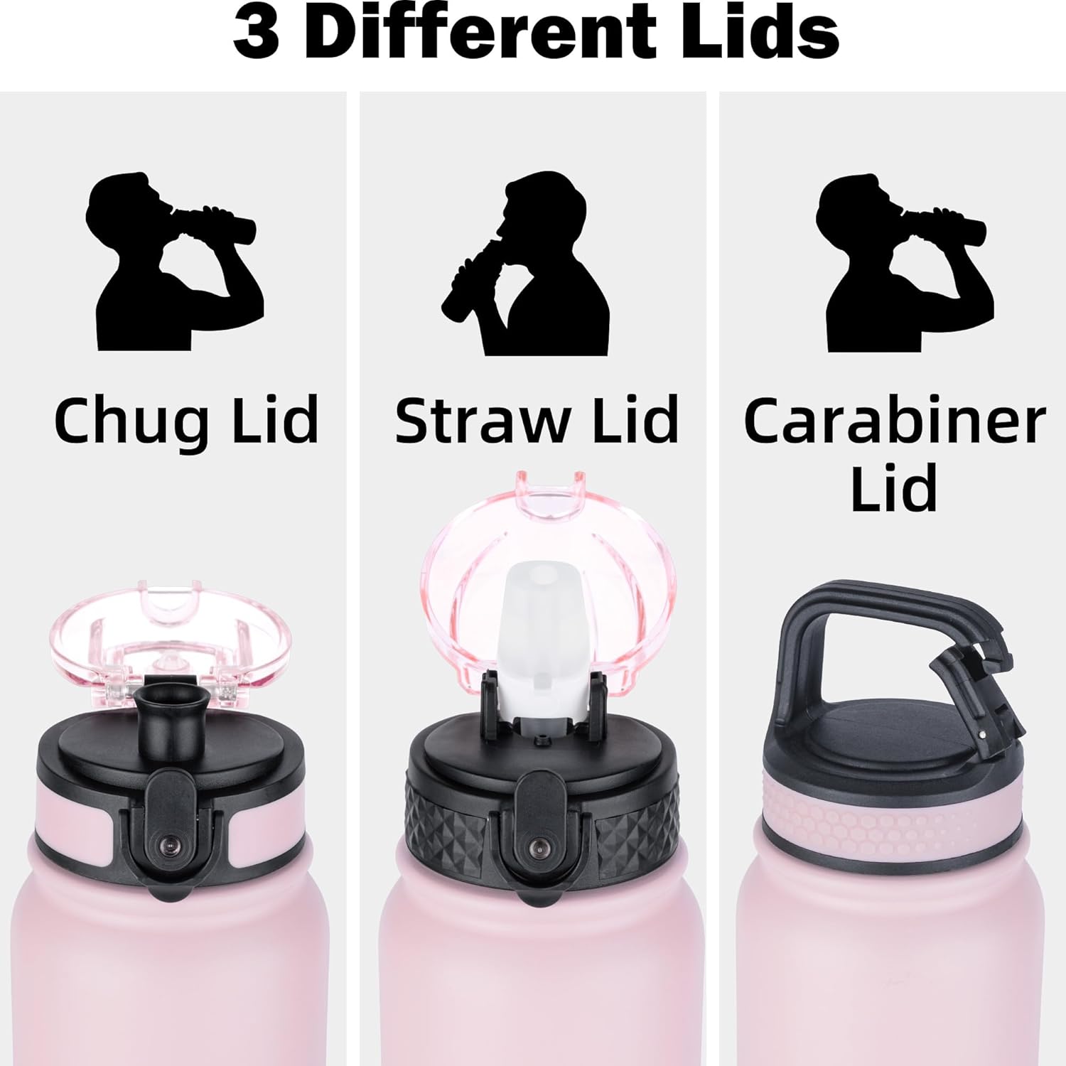 Oldley Insulated Water Bottle 20oz Water Bottles with Straw, Stainless Steel Water Bottle with 3 Lids, Double Wall Vacuum Bottles for Adult Kids, Sports Bottles for School Travel, Pink - Image 2