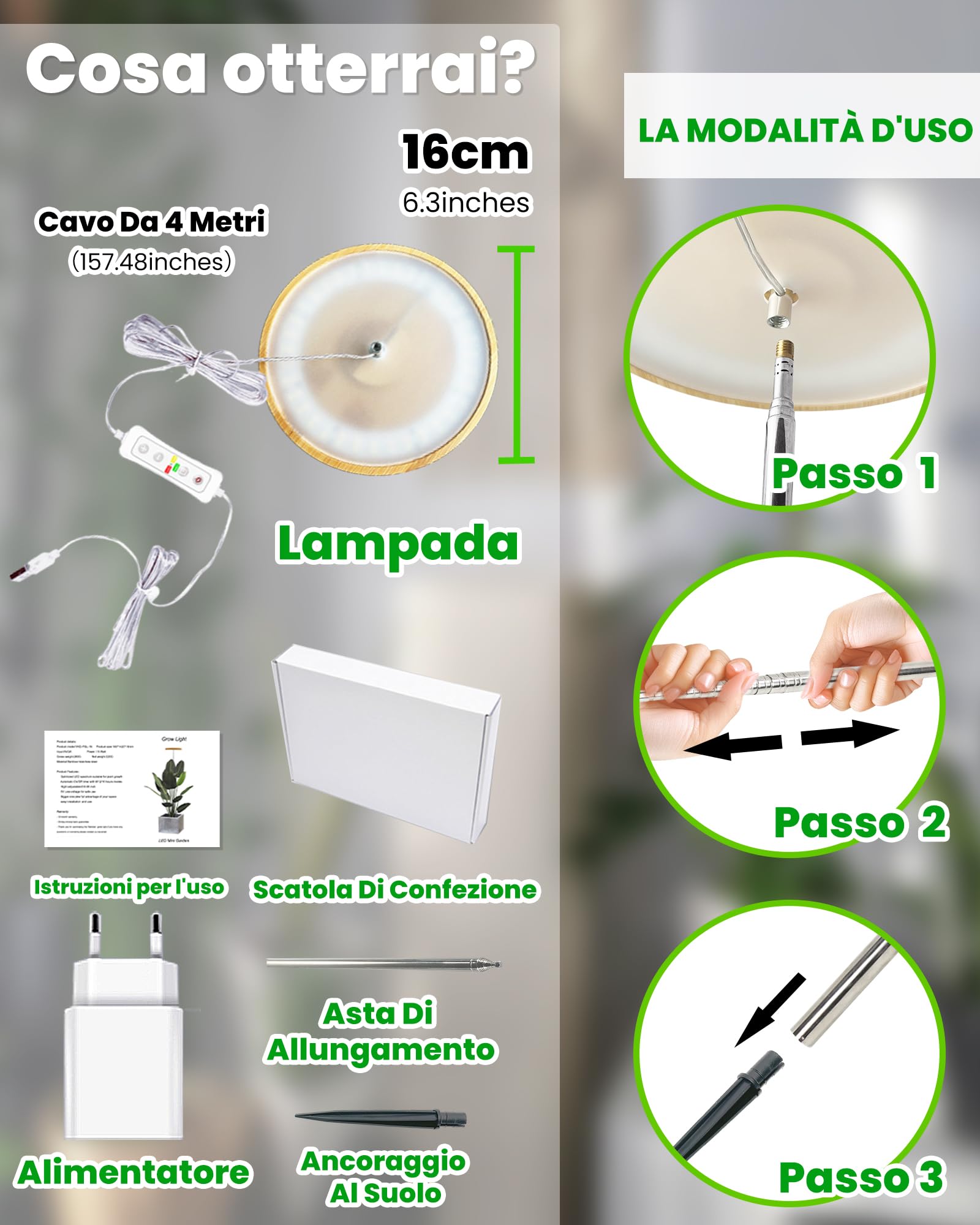 Lampada per la crescita delle piante d'interno, LED Grow Light Full Spectrum, altezza regolabile, timer automatico, bassa tensione di sicurezza da 5 V, idea per grandi piante