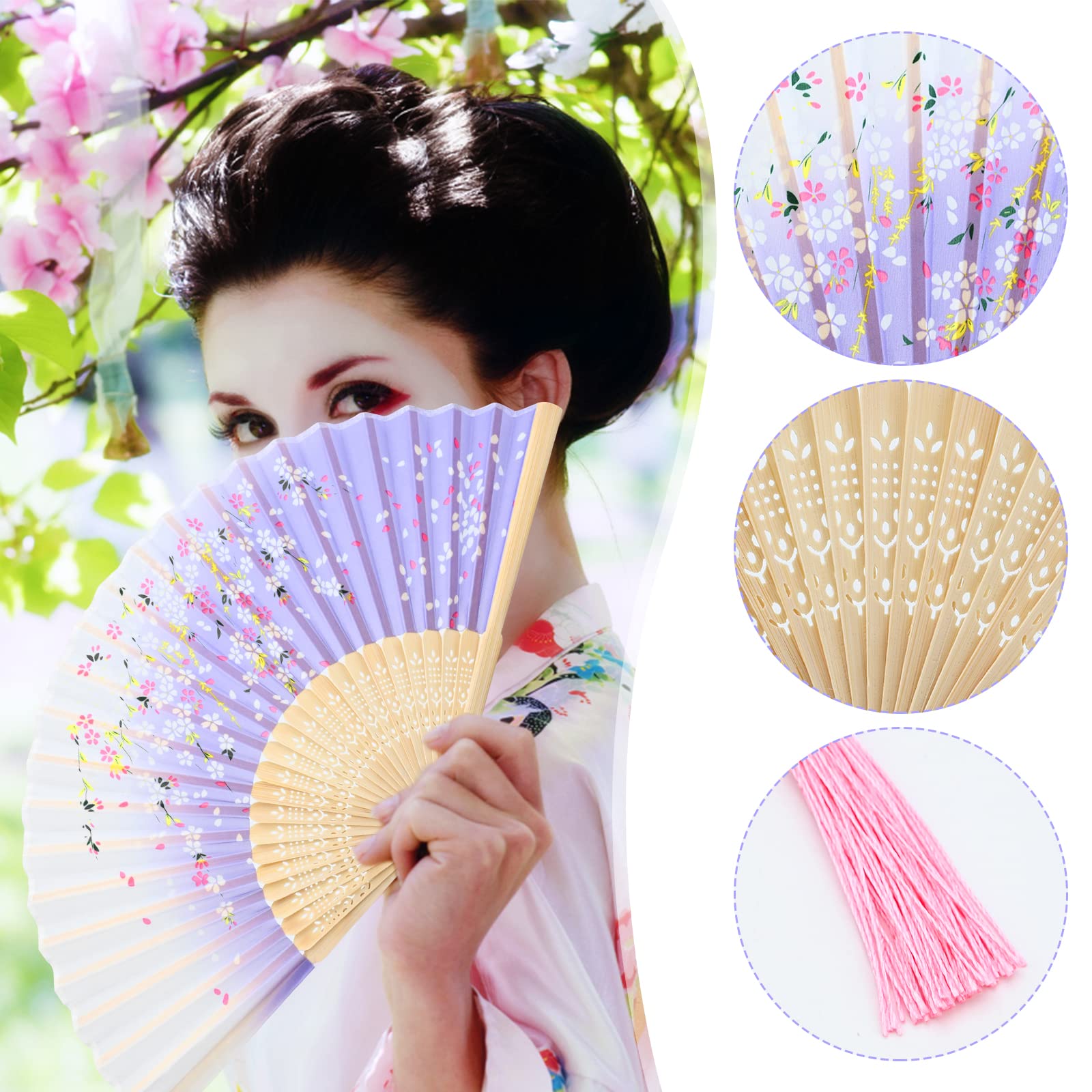 Set Di 2 Ventagli Pieghevoli In Seta E Bambù Con Nappe – Stile Cinese, Per Decorazione Parete, Matrimoni, Danza E Accessori - 2