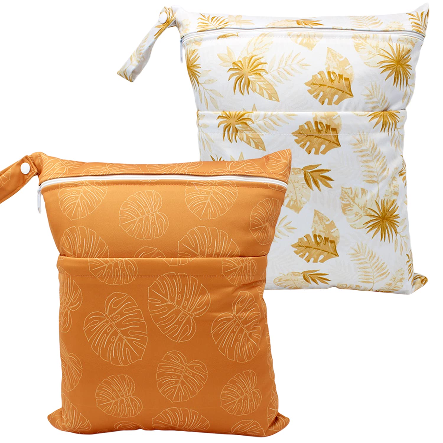 YULUONAPS Wet Dry Bag Waterproof Reusable Wet Bag for Swimsuit, Travel, Beach, Pool, Bathing, Diapers, Dirty Yoga Gym Clothes Toiletries Daycare Organizer with Two Zippered Pockets, yellow leaf, Daily