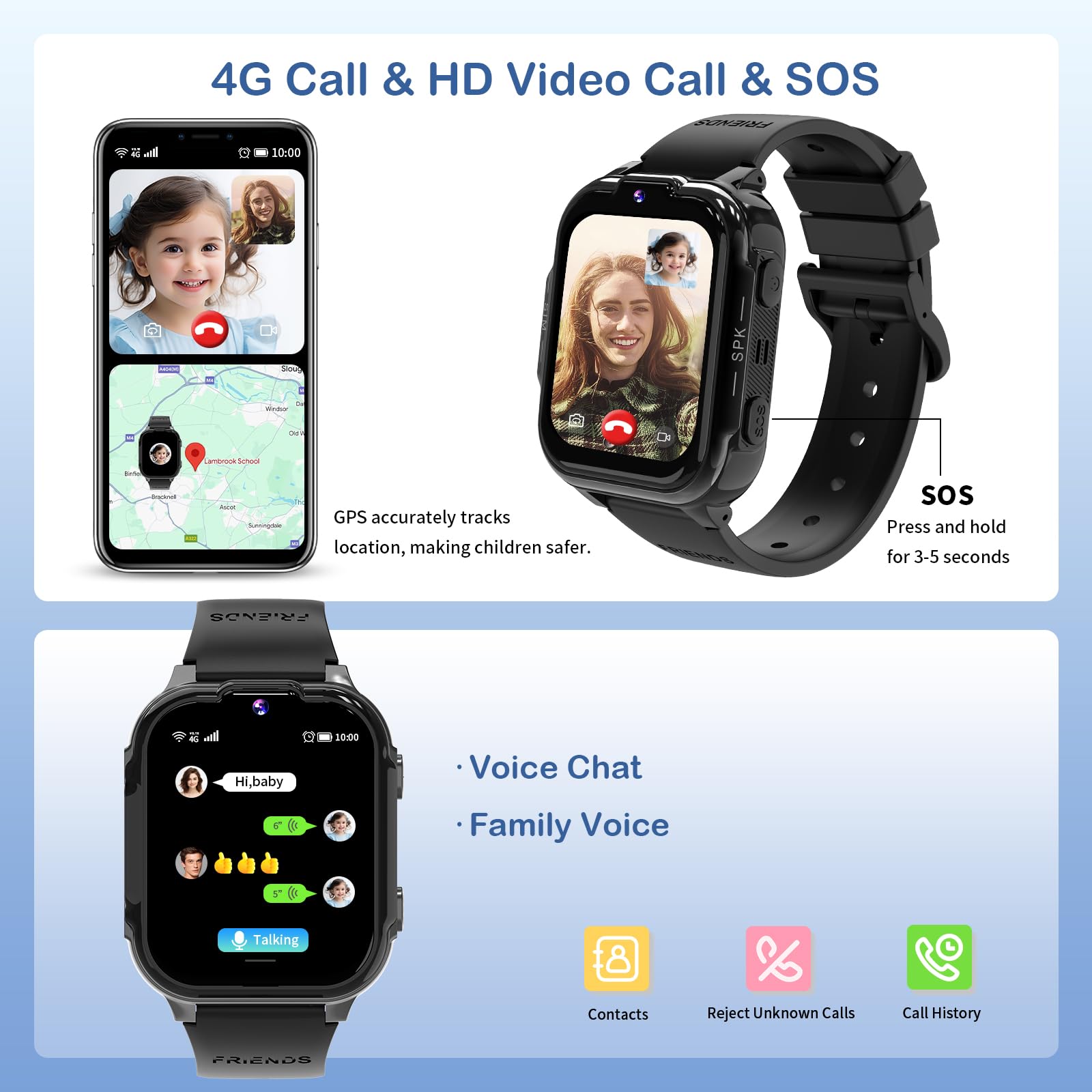 4G Smartwatch dla Dzieci z GPS Połączenia Wideo SOS Gry Budzik Krokomierz Kalkulator Wodoodporny Zegarek Cyfrowy dla Chłopców i Dziewczynek Prezent-
